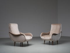 Set of 2 Lounge Chairs in light brown Velvet and Wood, Italy, 1950's