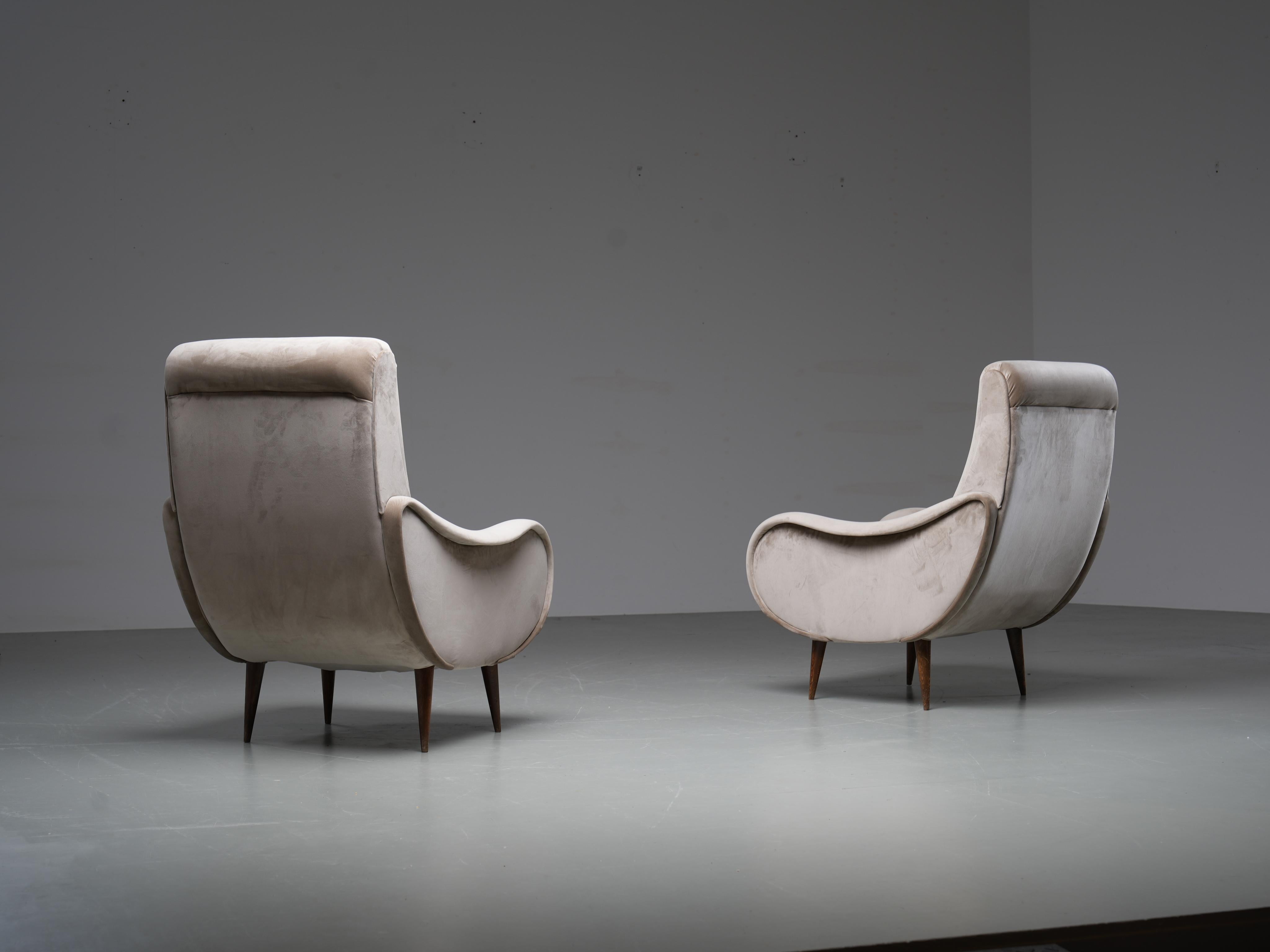 Mid-20th Century Set of 2 Lounge Chairs in light brown Velvet and Wood, Italy, 1950's For Sale