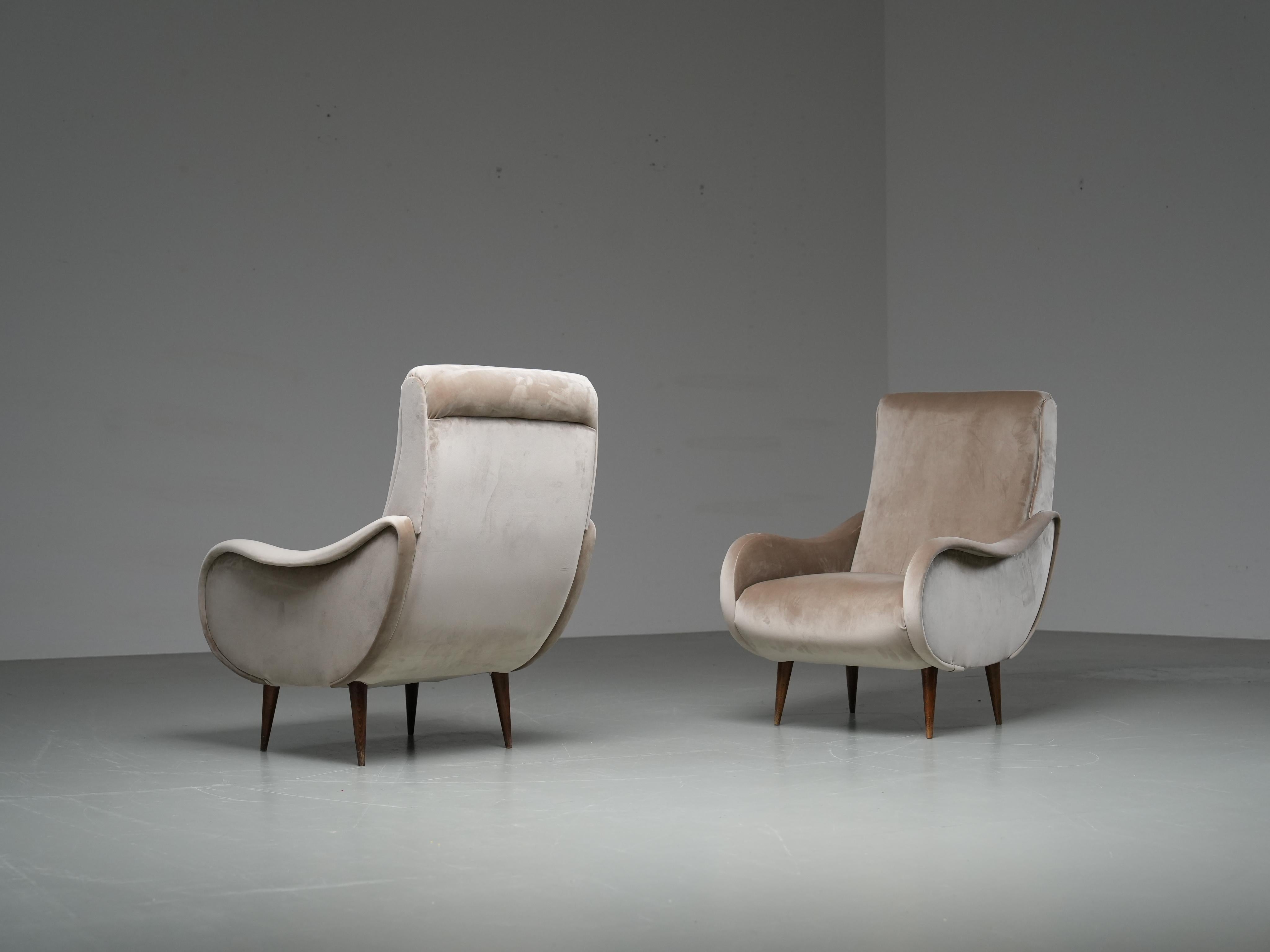 Set of 2 Lounge Chairs in light brown Velvet and Wood, Italy, 1950's For Sale 5