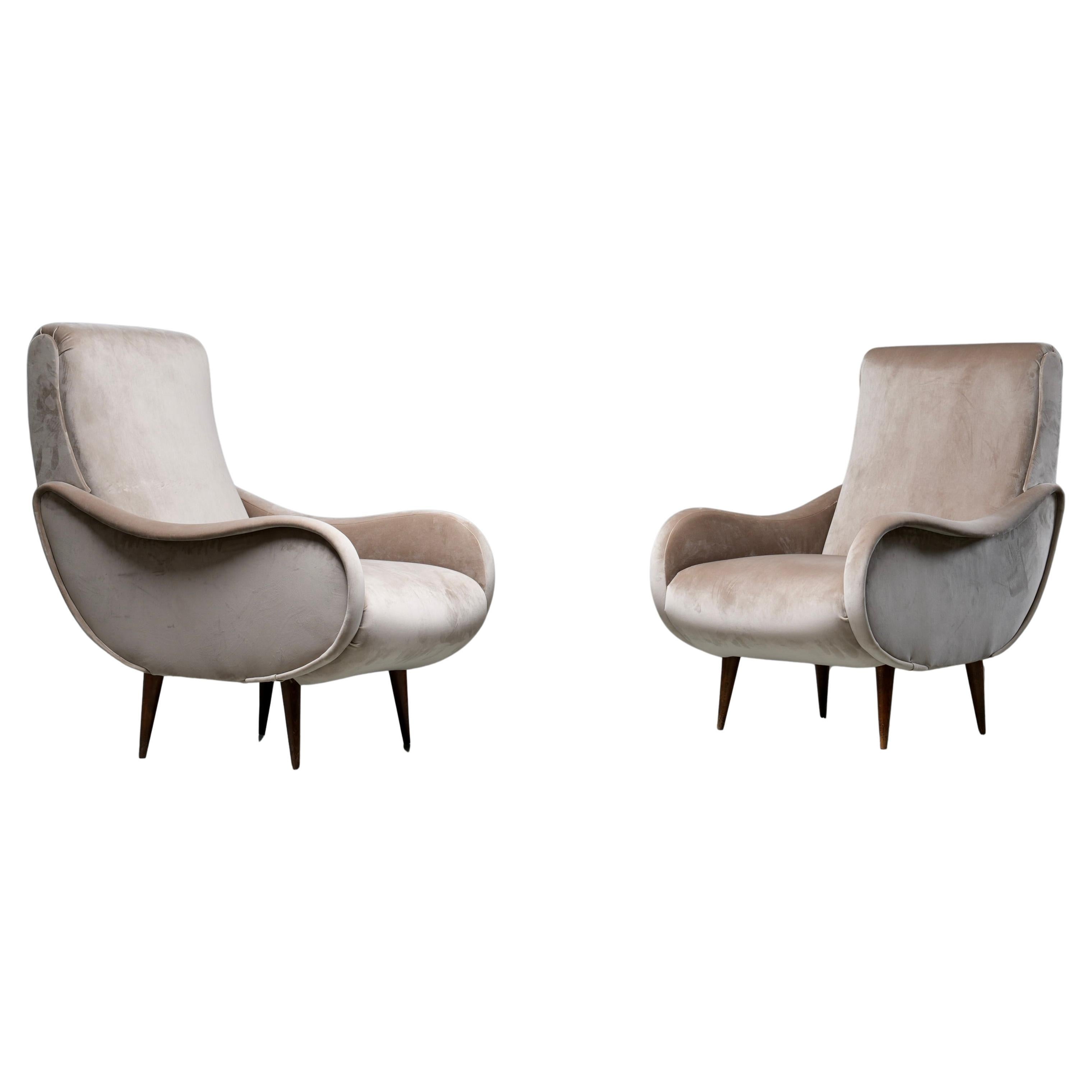 Set of 2 Lounge Chairs in light brown Velvet and Wood, Italy, 1950's For Sale