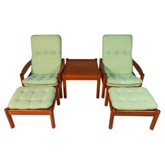 Set of 2 Lounge Chairs & Ottomans, Side Table, Domino Møbler, Denmark, c. 1970's