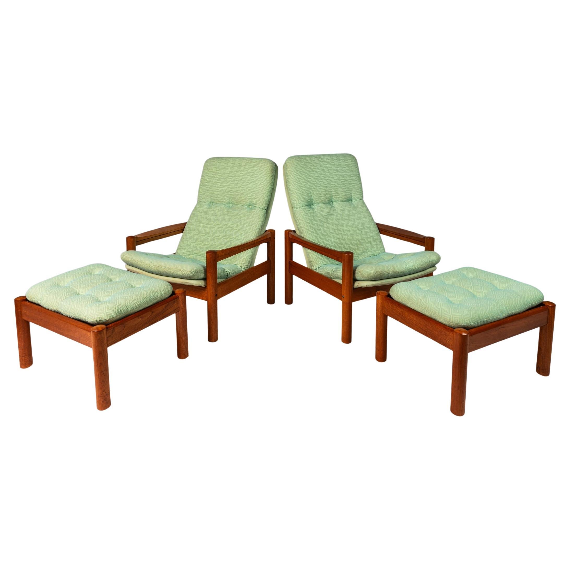 Set of 2 Lounge Chairs w/ Ottomans in Teak by Domino Møbler, Denmark, c. 1970's