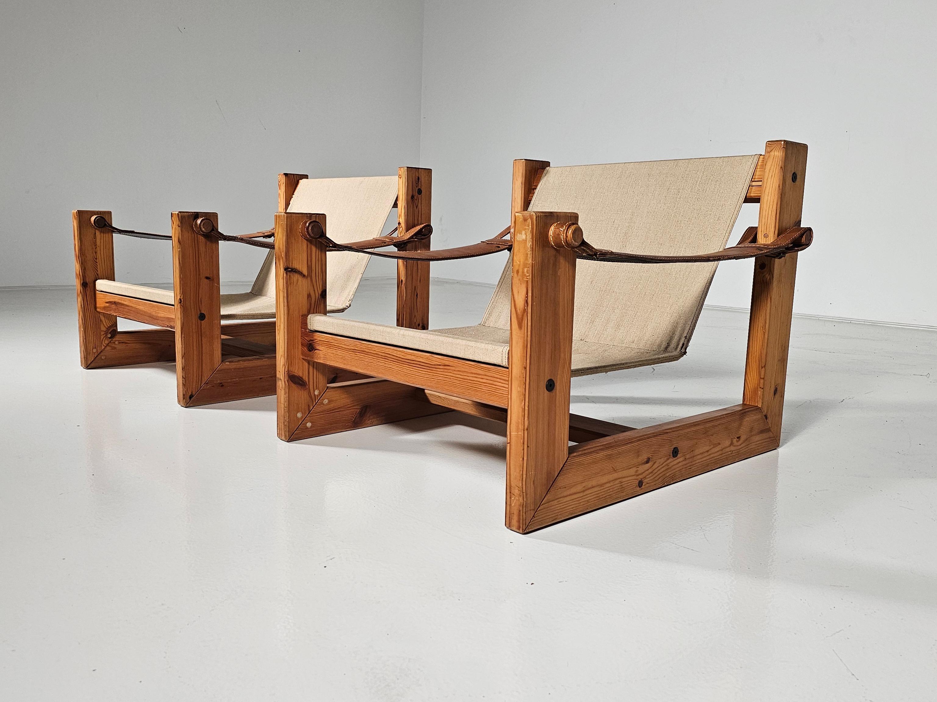 Mid-Century Modern Set of 2 Lounge Sling Chairs in canvas and pine wood, the Netherlands
