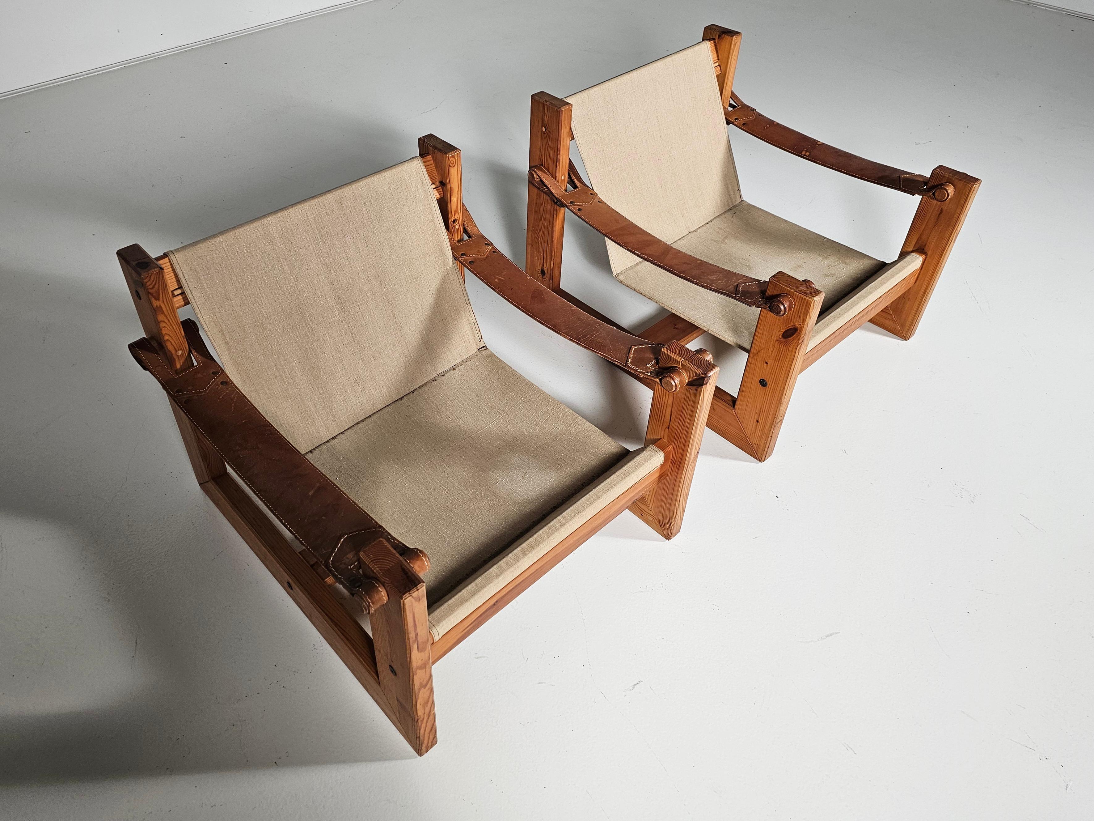 Set of 2 Lounge Sling Chairs in canvas and pine wood, the Netherlands In Good Condition In amstelveen, NL