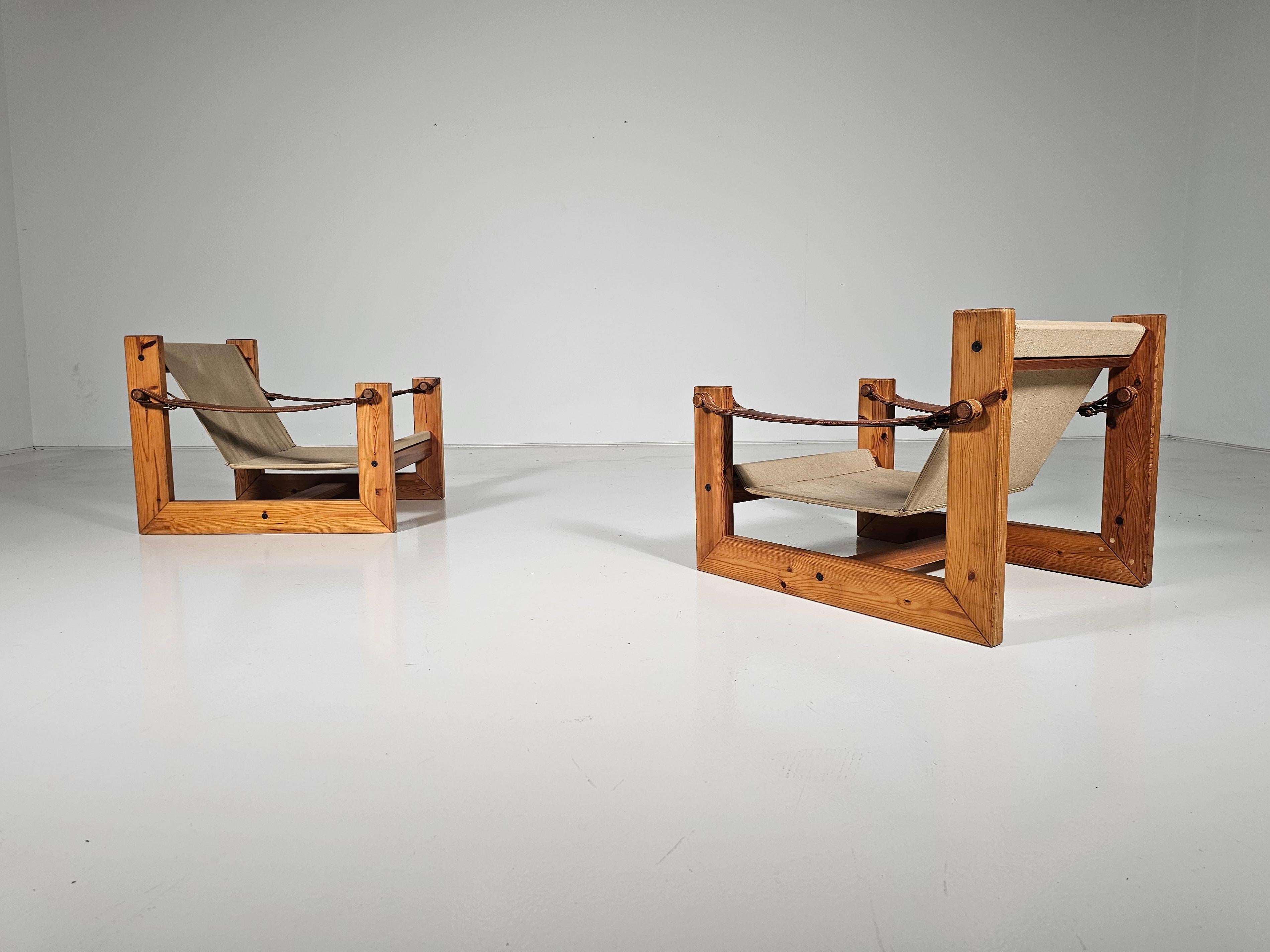 Late 20th Century Set of 2 Lounge Sling Chairs in canvas and pine wood, the Netherlands