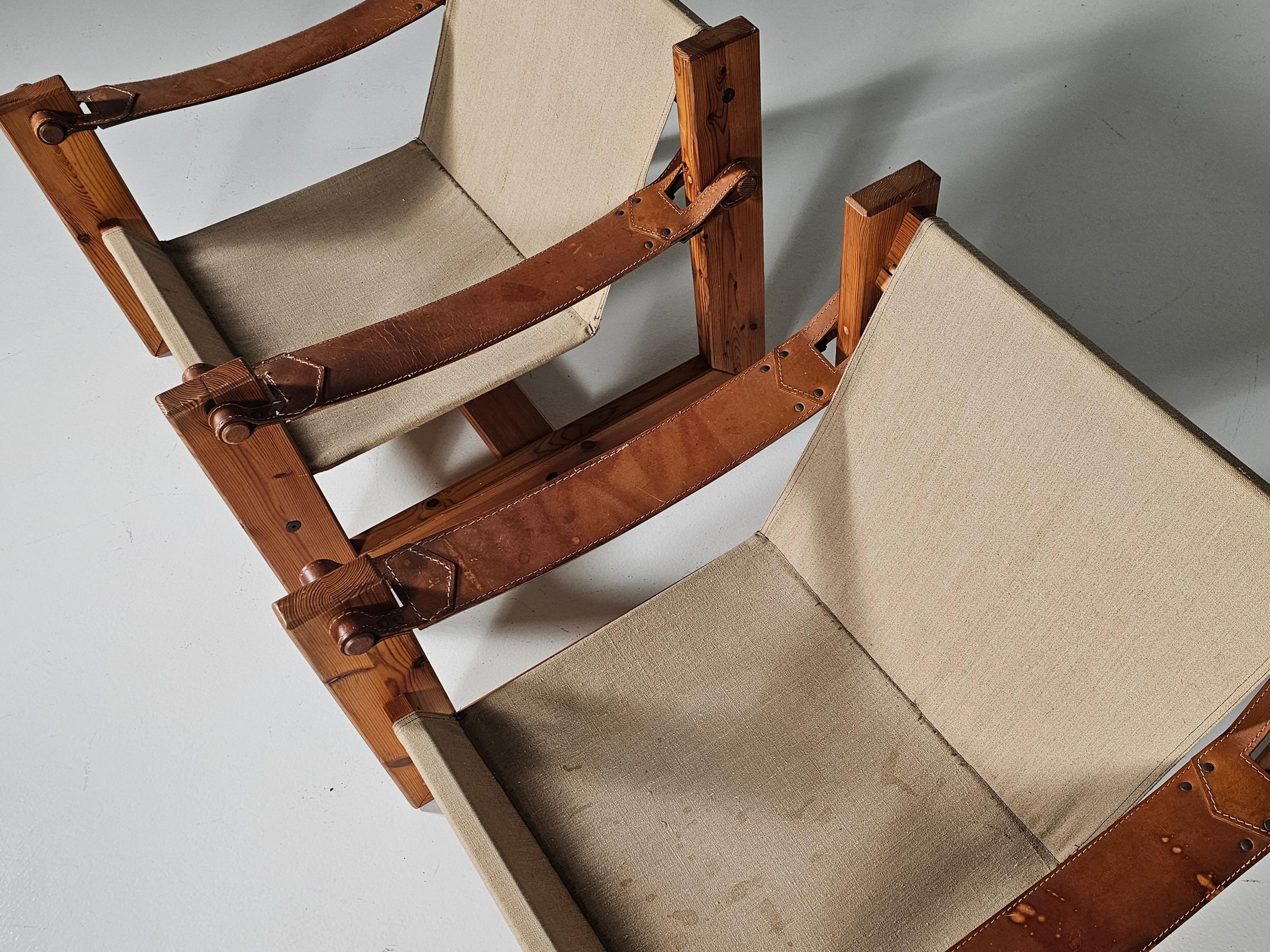 Set of 2 Lounge Sling Chairs in canvas and pine wood, the Netherlands 1