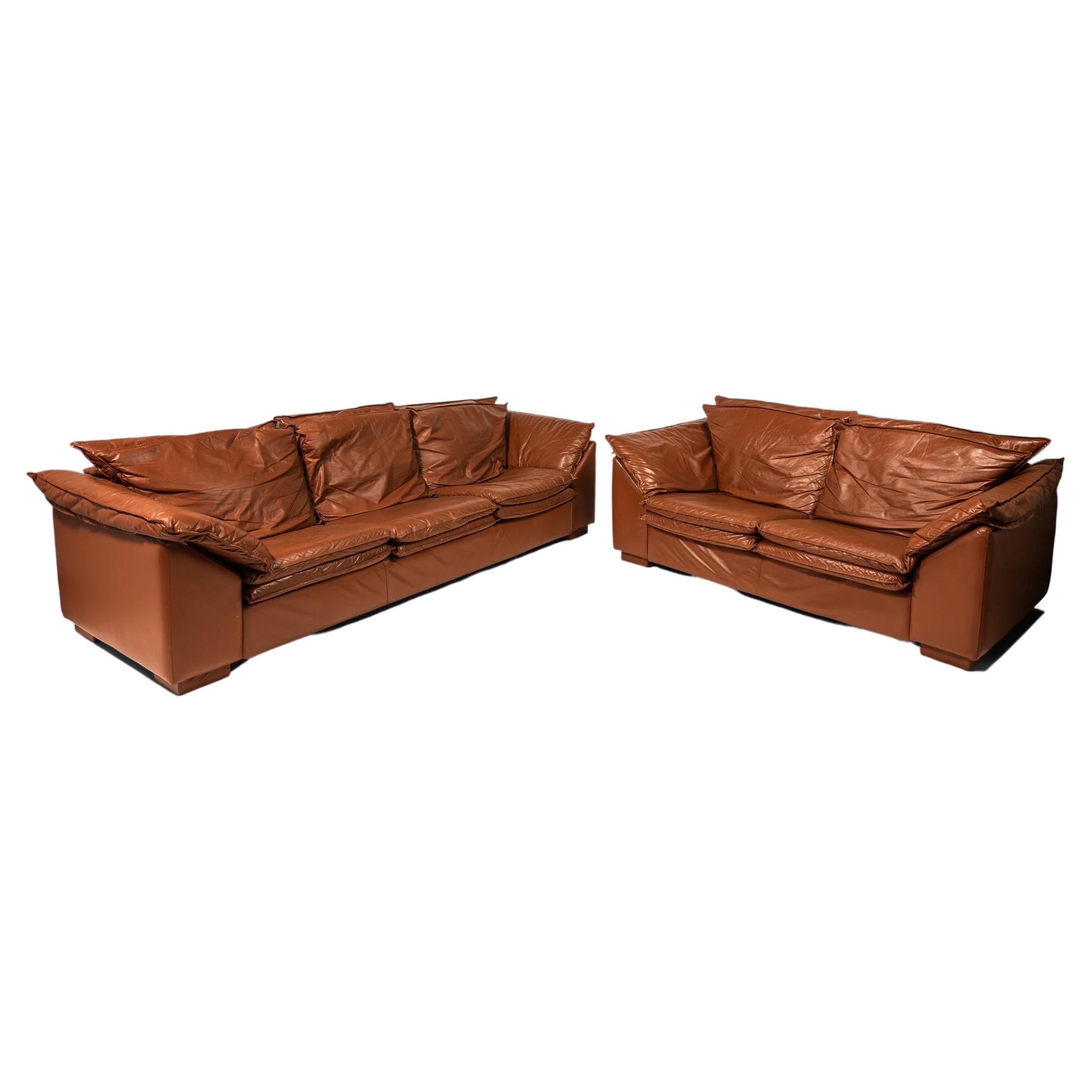 Set of 2 Low Profile Sofa & Loveseat in Leather After Niels Eilersen, c. 1990's For Sale