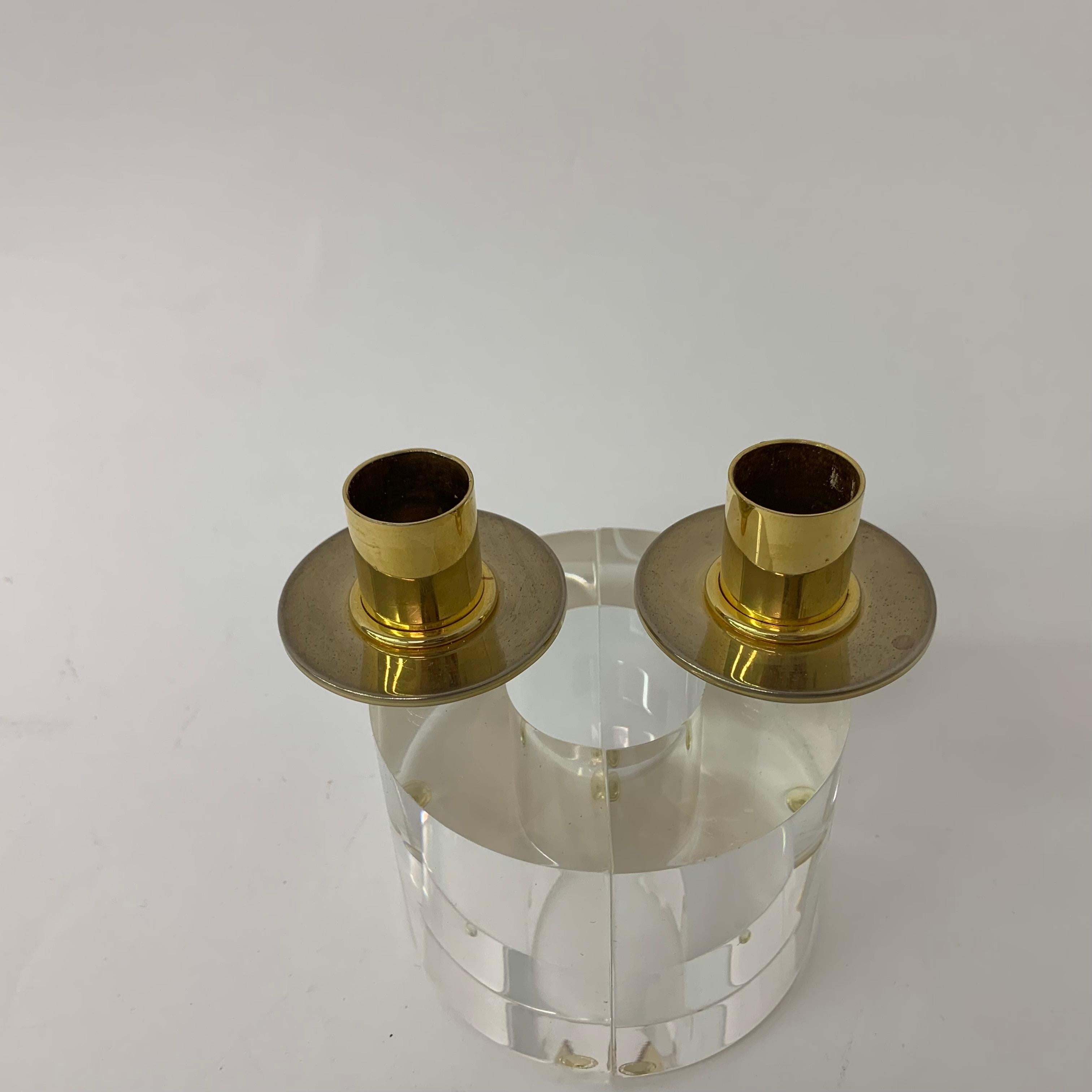 Metal Set of 2 Lucite Candle Sticks, 1970s For Sale