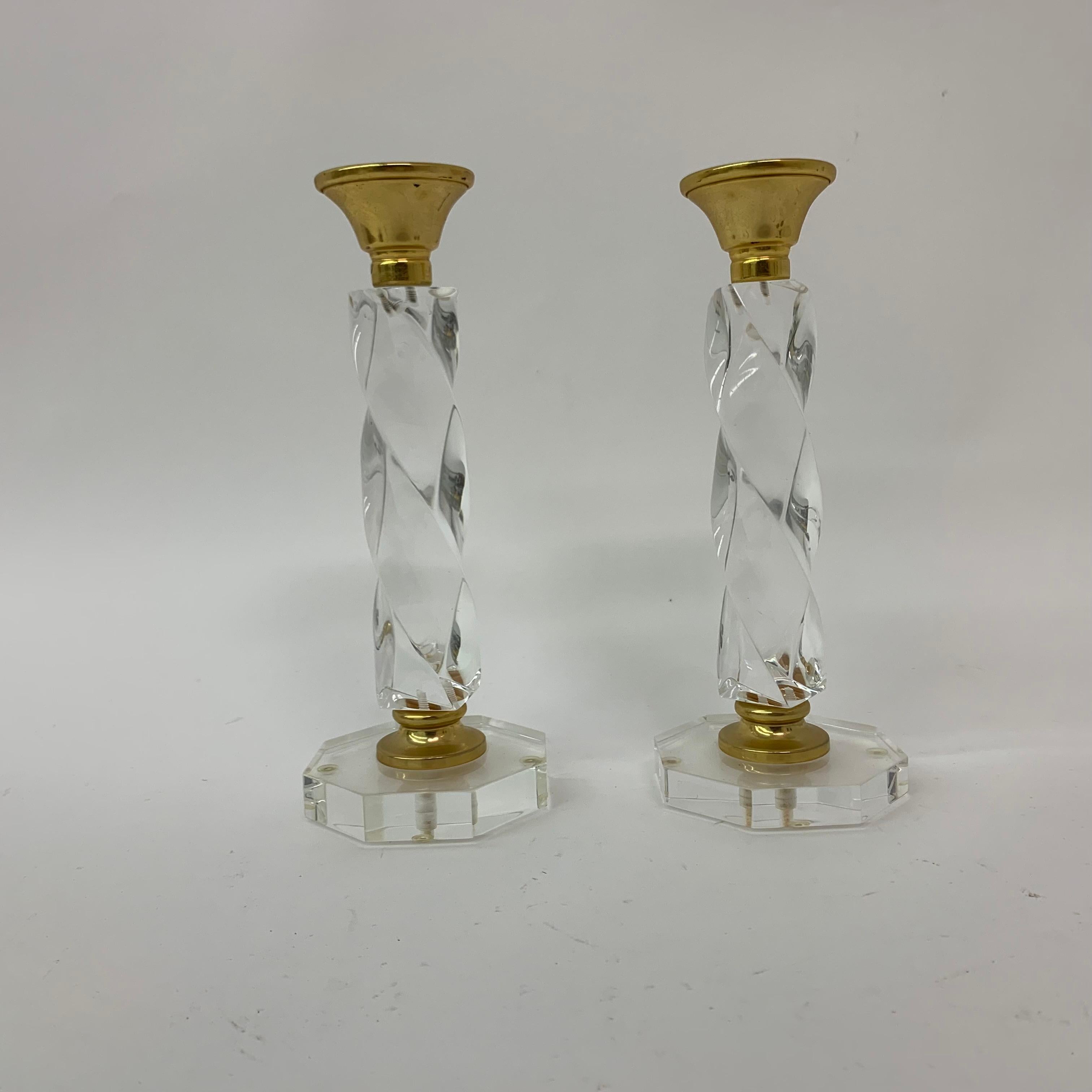 Late 20th Century Set of 2 lucite twisted candle sticks, 1970’s For Sale