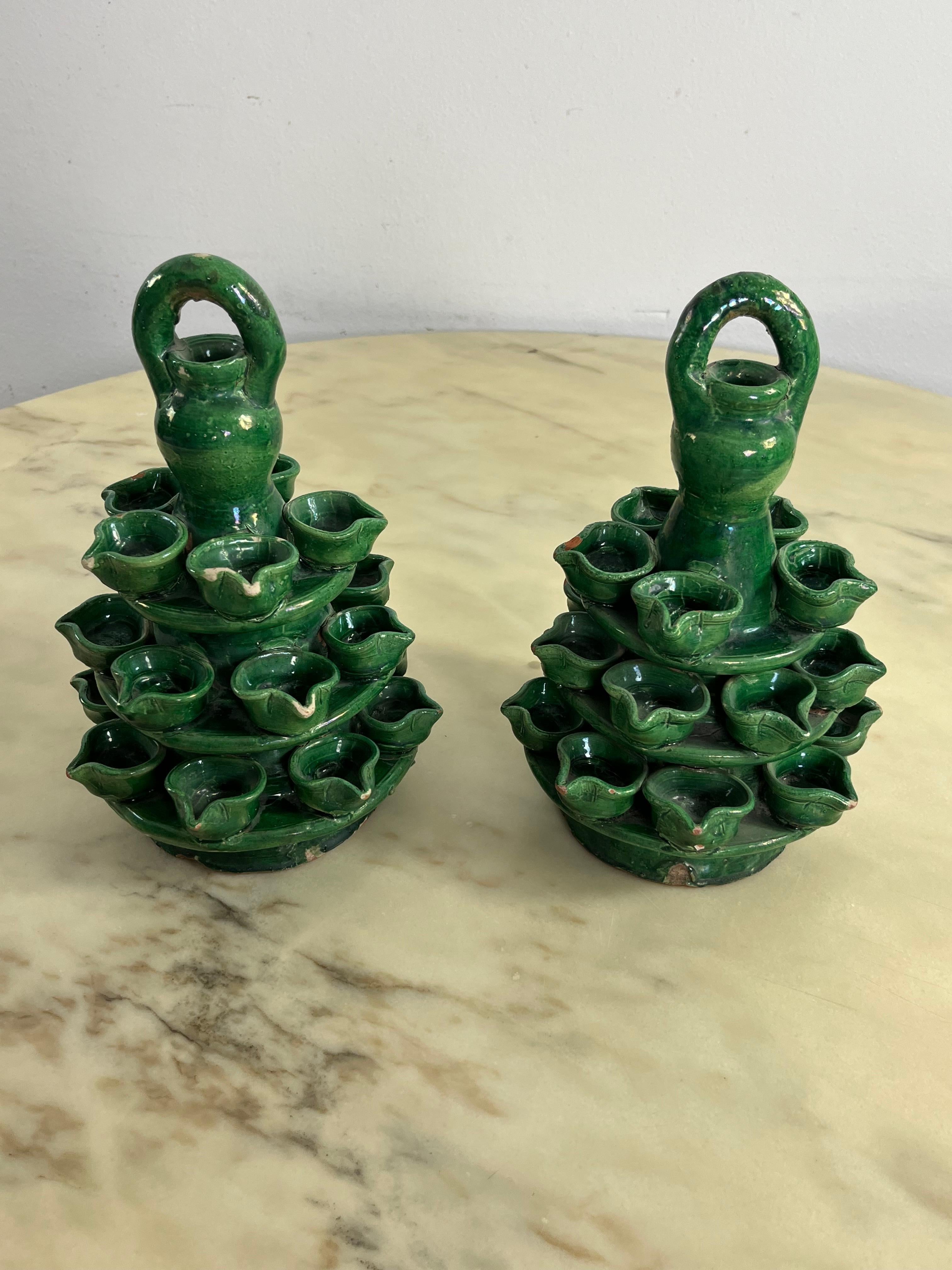 Set von 2 Lumiere des Heiligen Antonius in Caltagirone-Keramik, 1940er Jahre (Italienisch) im Angebot
