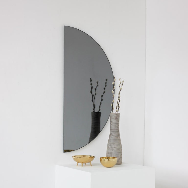 Glass Set of 2 Luna Half-Moon Black Tinted Round Minimalist Frameless Mirror, Regular For Sale
