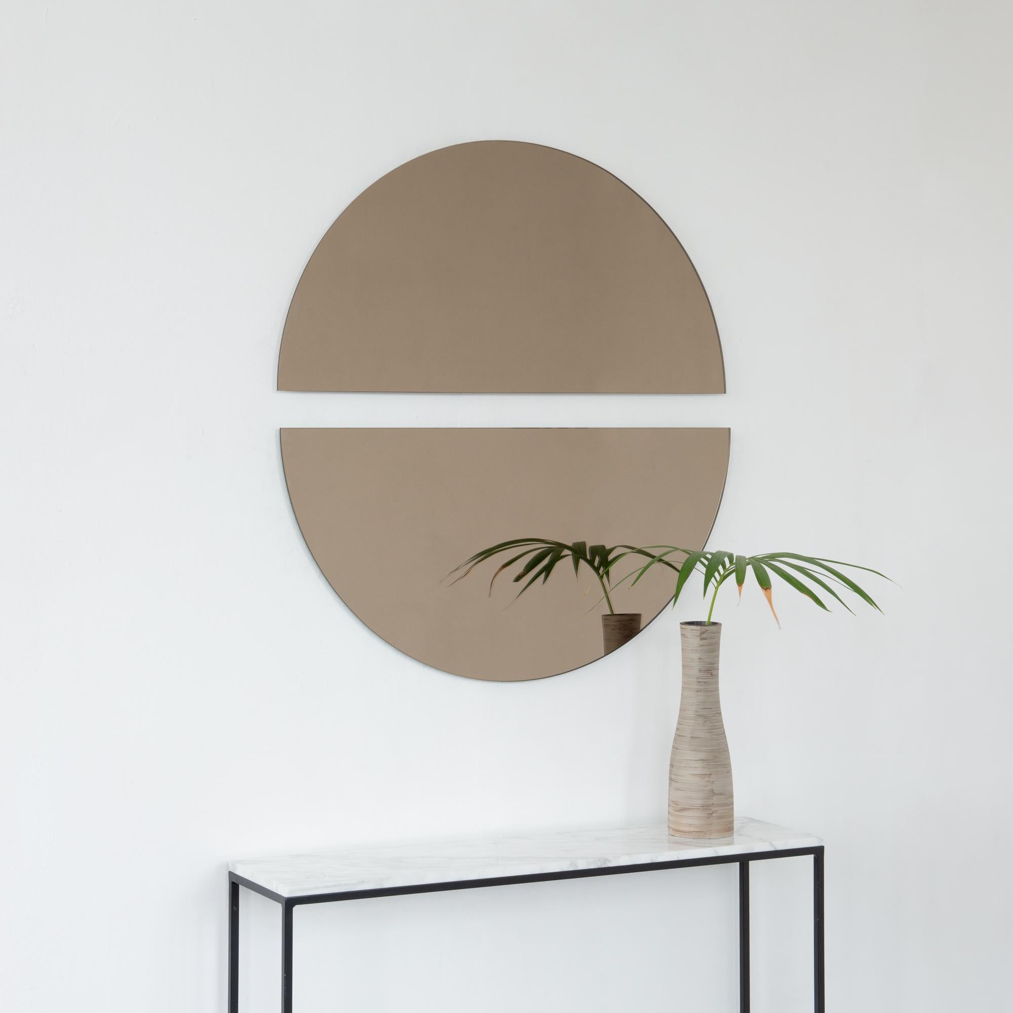 Contemporary Set of 2 Luna Half-Moon Bronze Tinted Circular Modern Frameless Mirrors, Regular For Sale