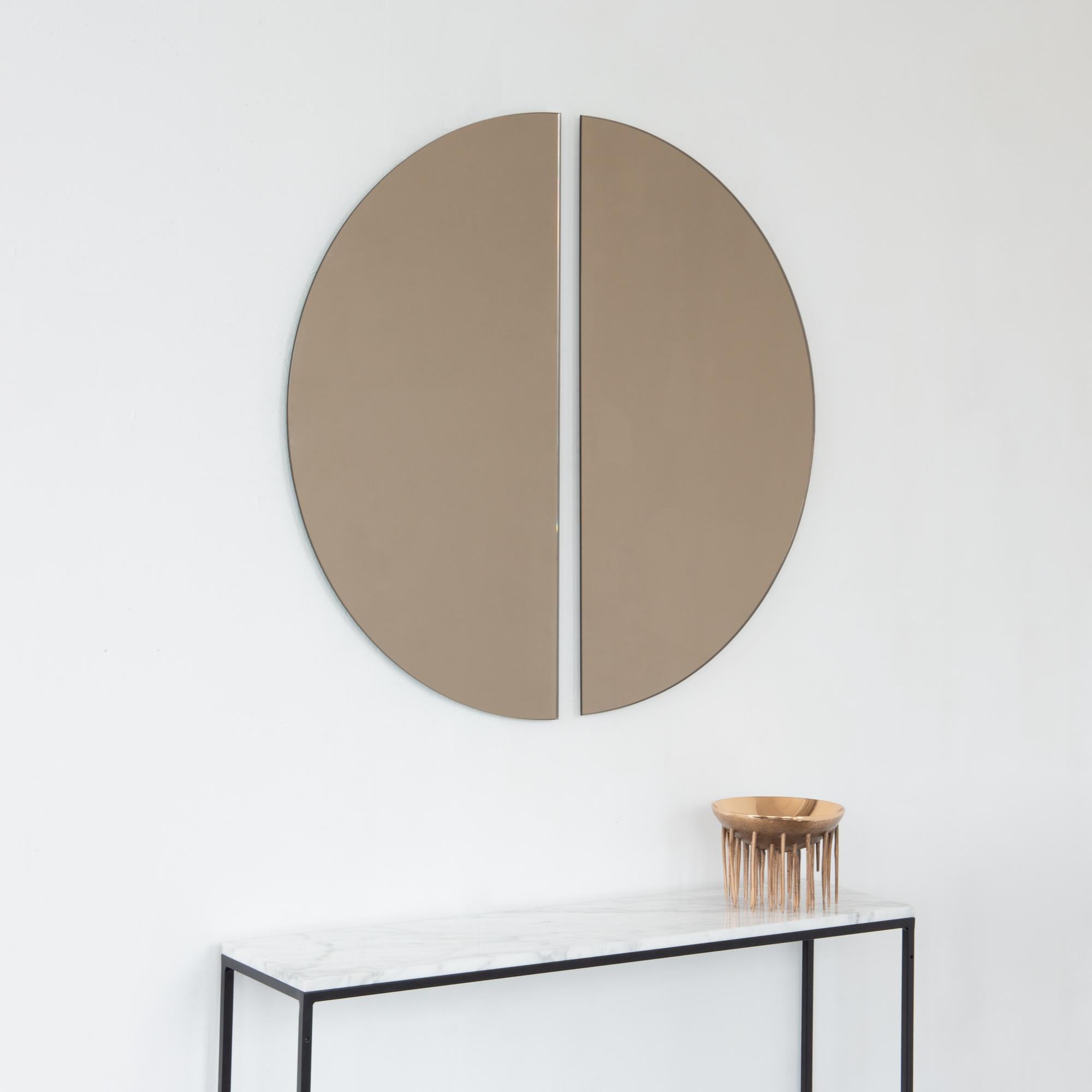 Minimalist Set of 2 Luna Half-Moon Bronze Tinted Round Frameless Contemporary Mirrors, XL For Sale