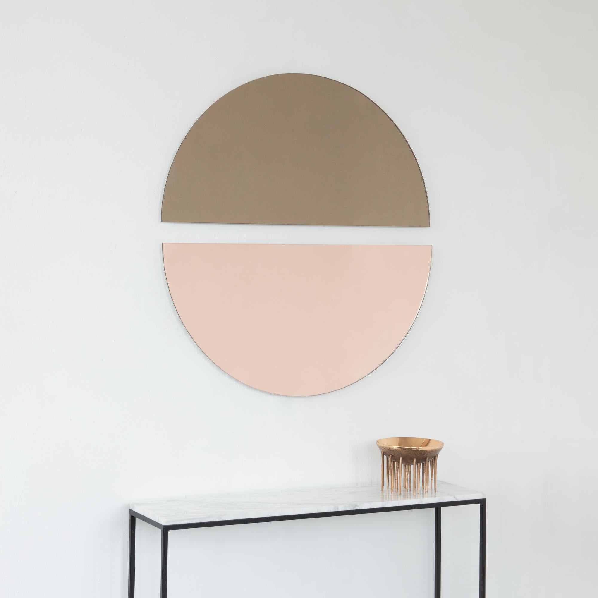 Set of 2 Luna Half-Moon Peach + Bronze Round Frameless Modern Mirrors, Medium In New Condition For Sale In London, GB