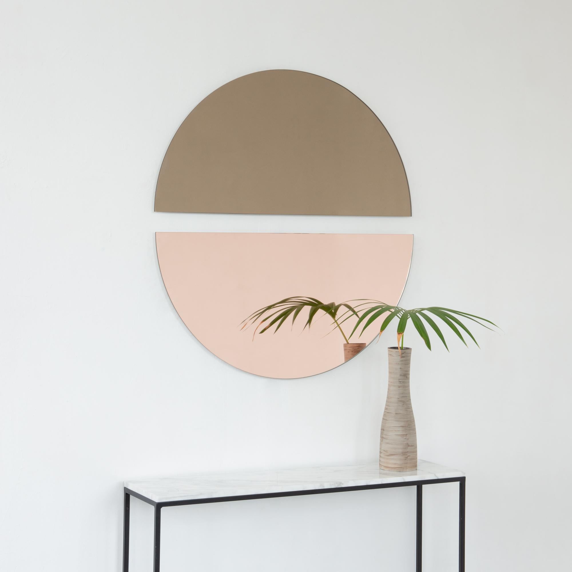 Contemporary Set of 2 Luna Half-Moon Rose Gold + Bronze Minimalist Frameless Mirrors, Regular For Sale