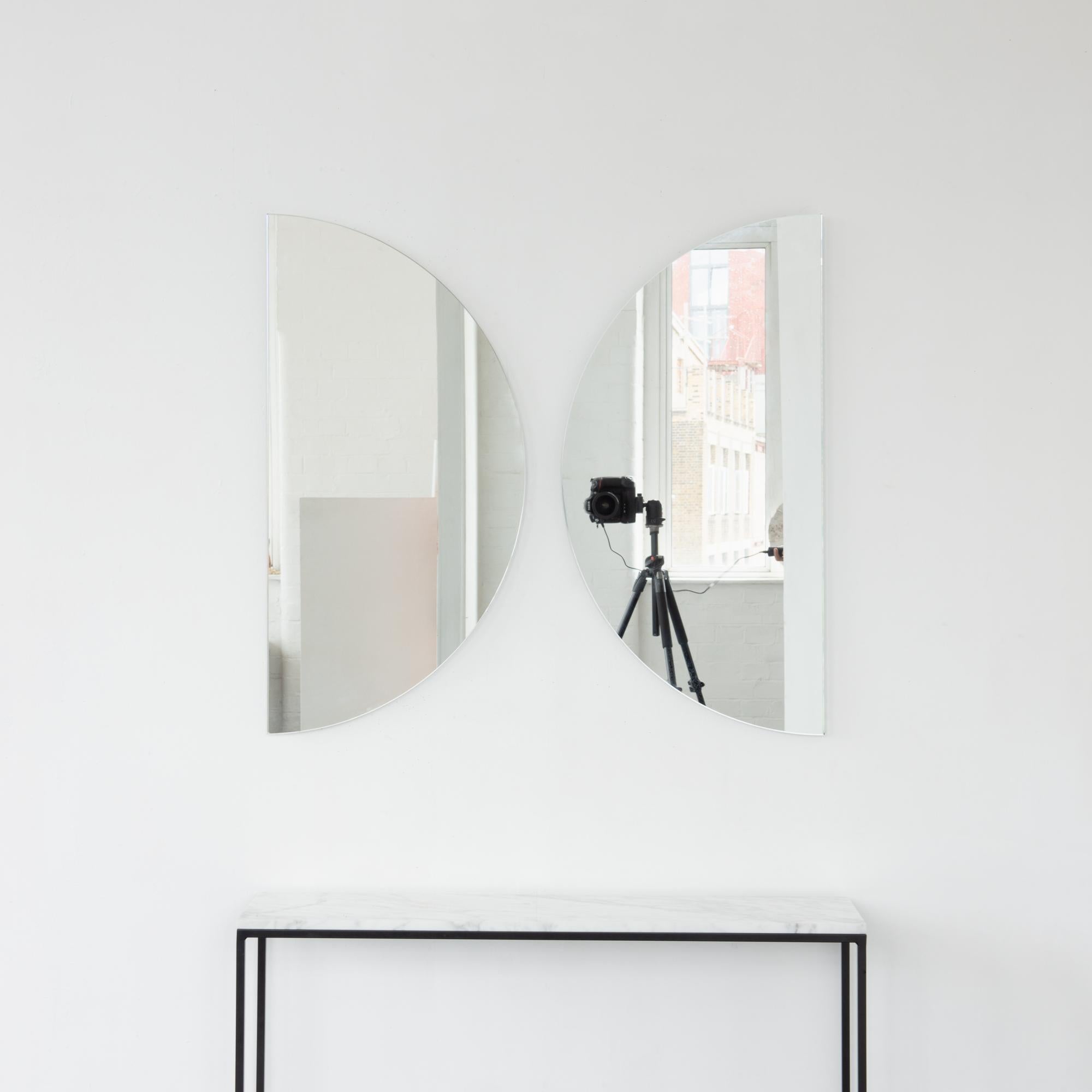 Contemporary Set of 2 Luna Half-Moon Round Frameless Modern Mirrors Floating Effect, Medium For Sale