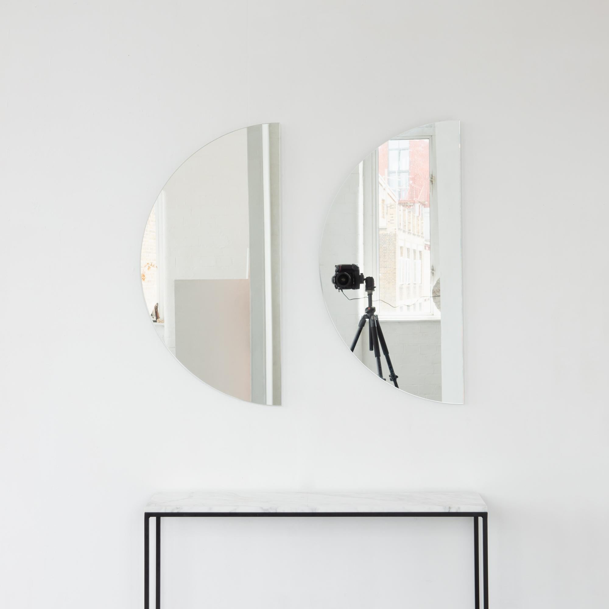 Organic Modern Set of 2 Luna Half-Moon Semi-circular Frameless Contemporary Mirrors, Regular For Sale