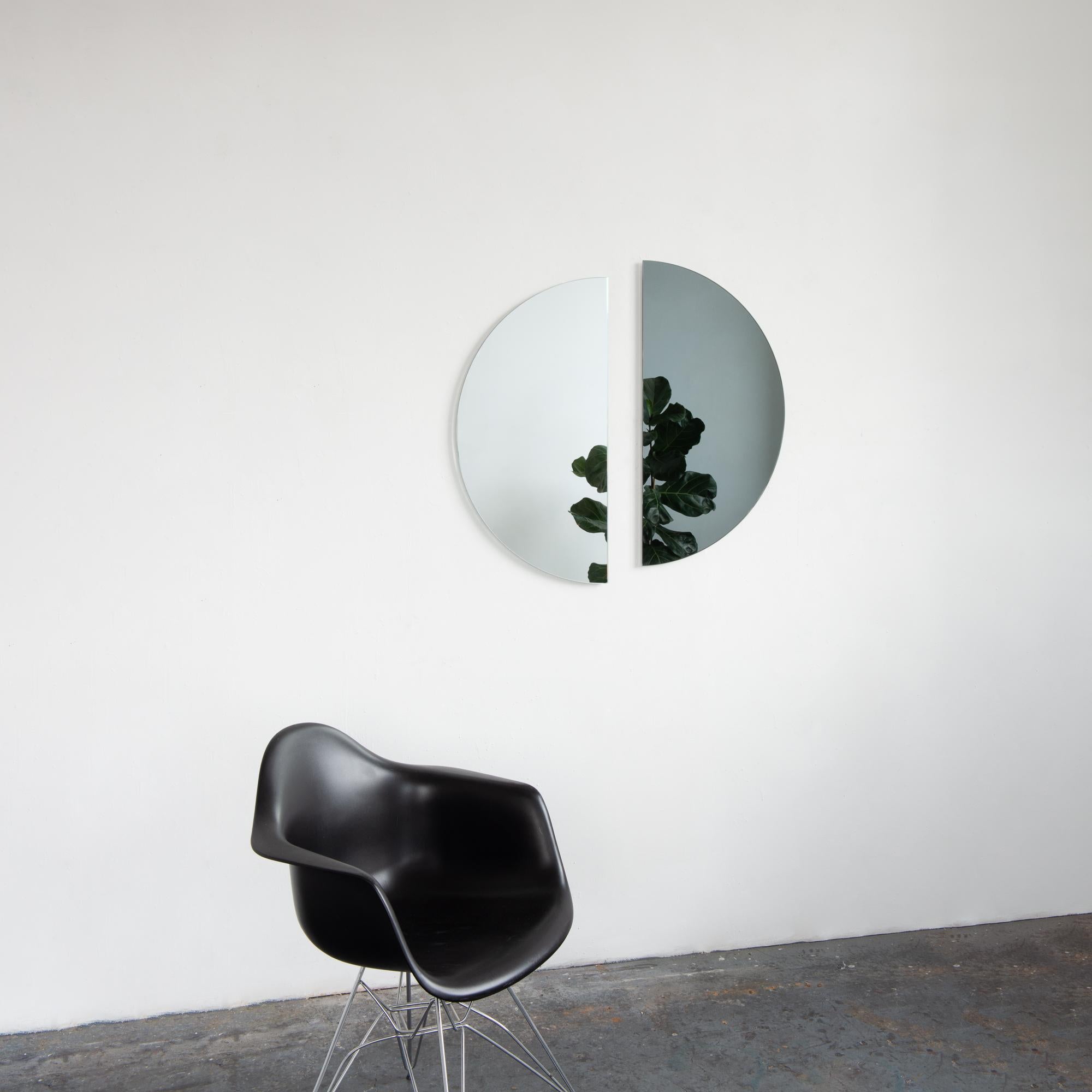 European Set of 2 Luna Half-Moon Silver + Black Minimalist Round Frameless Mirrors, Large For Sale