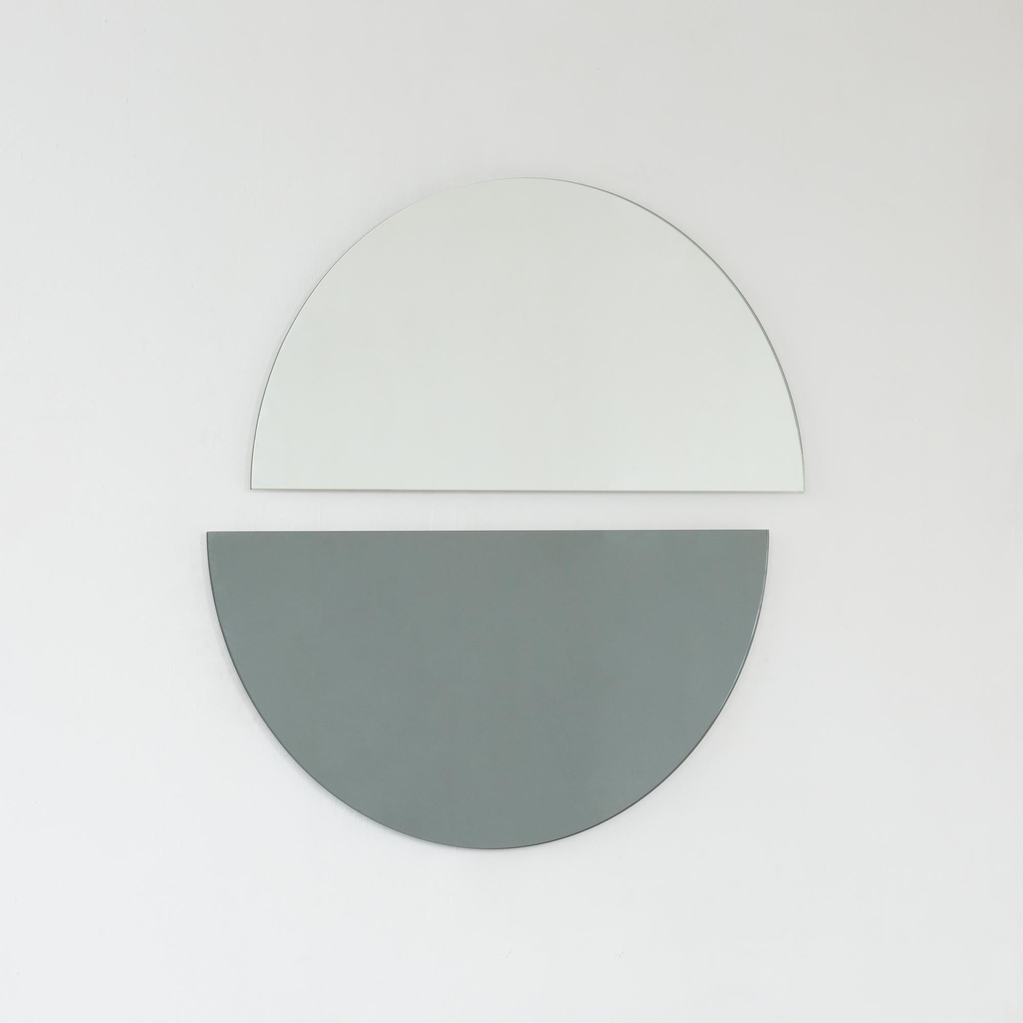 Contemporary Set of 2 Luna Half-Moon Silver + Black Minimalist Round Frameless Mirrors, Large For Sale