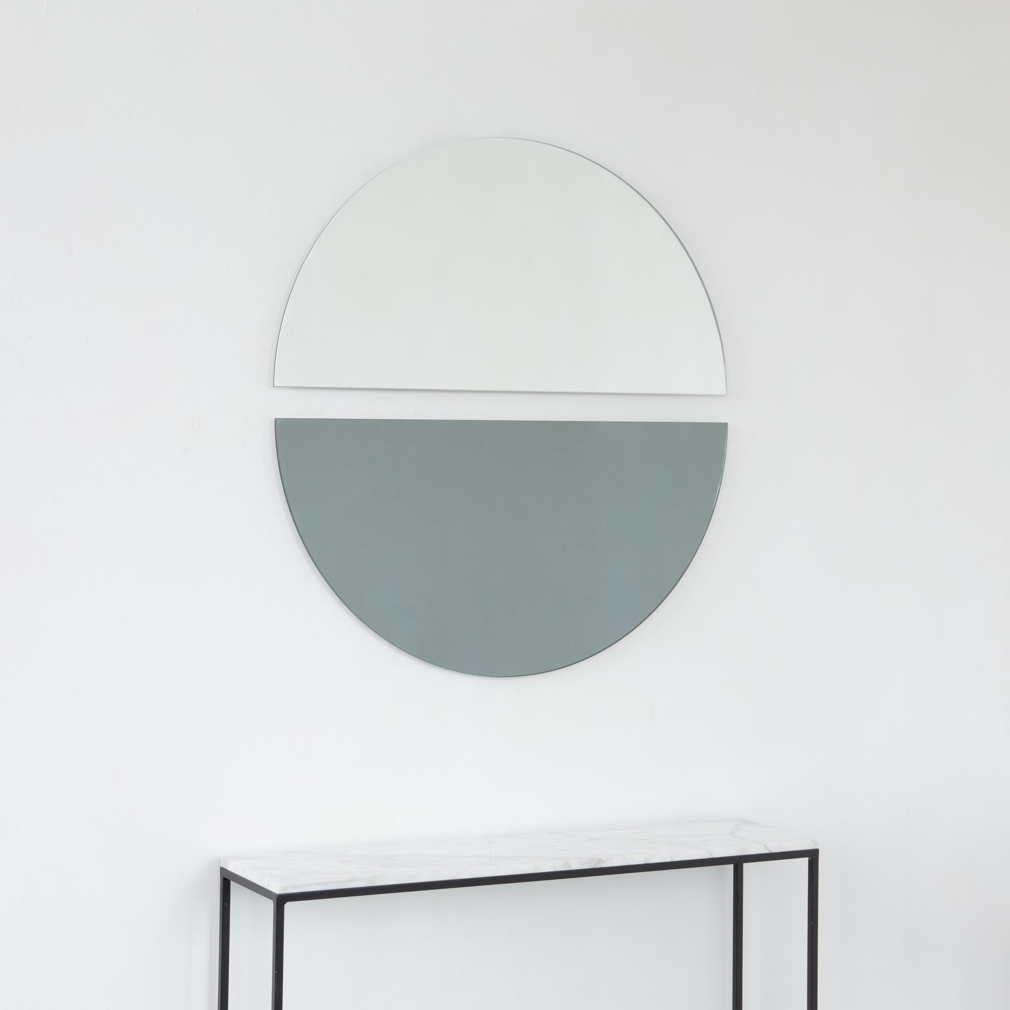 Set of 2 Luna Half-Moon Silver + Black Minimalist Round Frameless Mirrors, Large For Sale 3