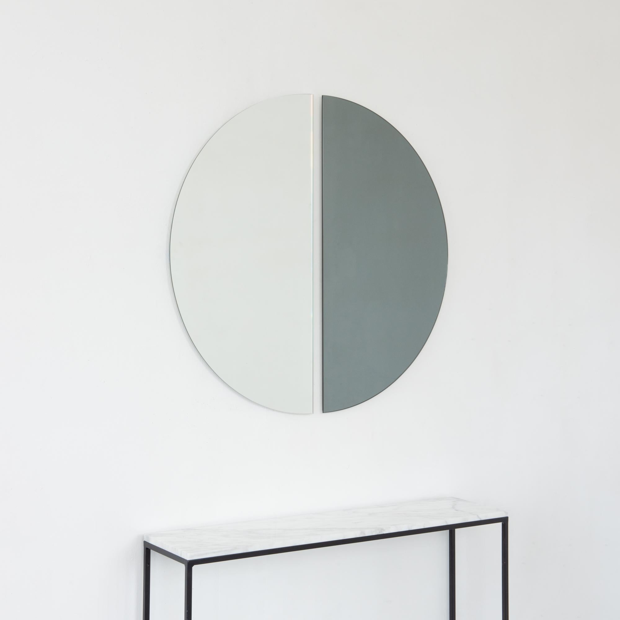 Set of 2 Luna Half-Moon Silver + Black Round Frameless Contemporary Mirrors, XL For Sale 4