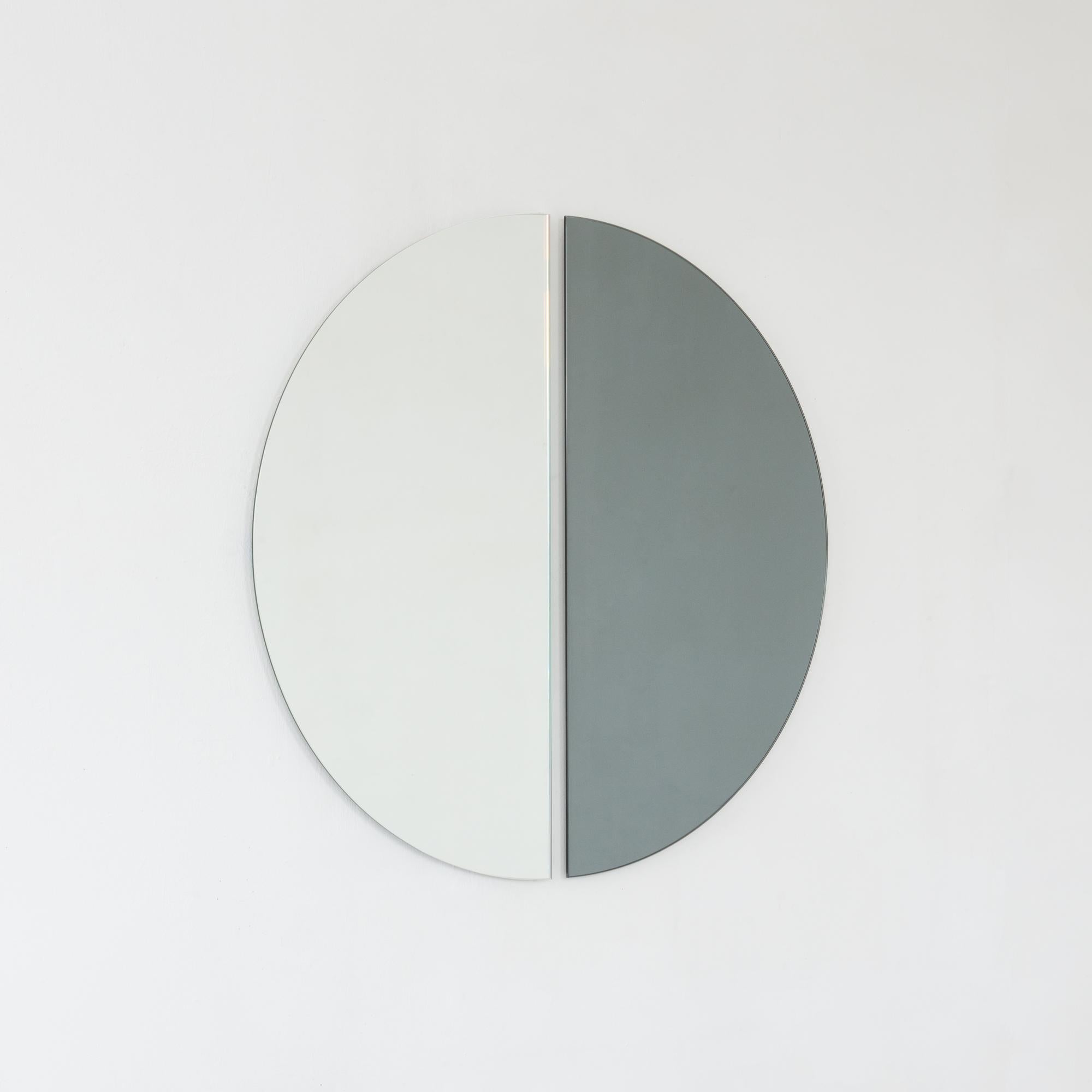 Set of 2 Luna Half-Moon Silver + Black Round Frameless Contemporary Mirrors, XL For Sale 5