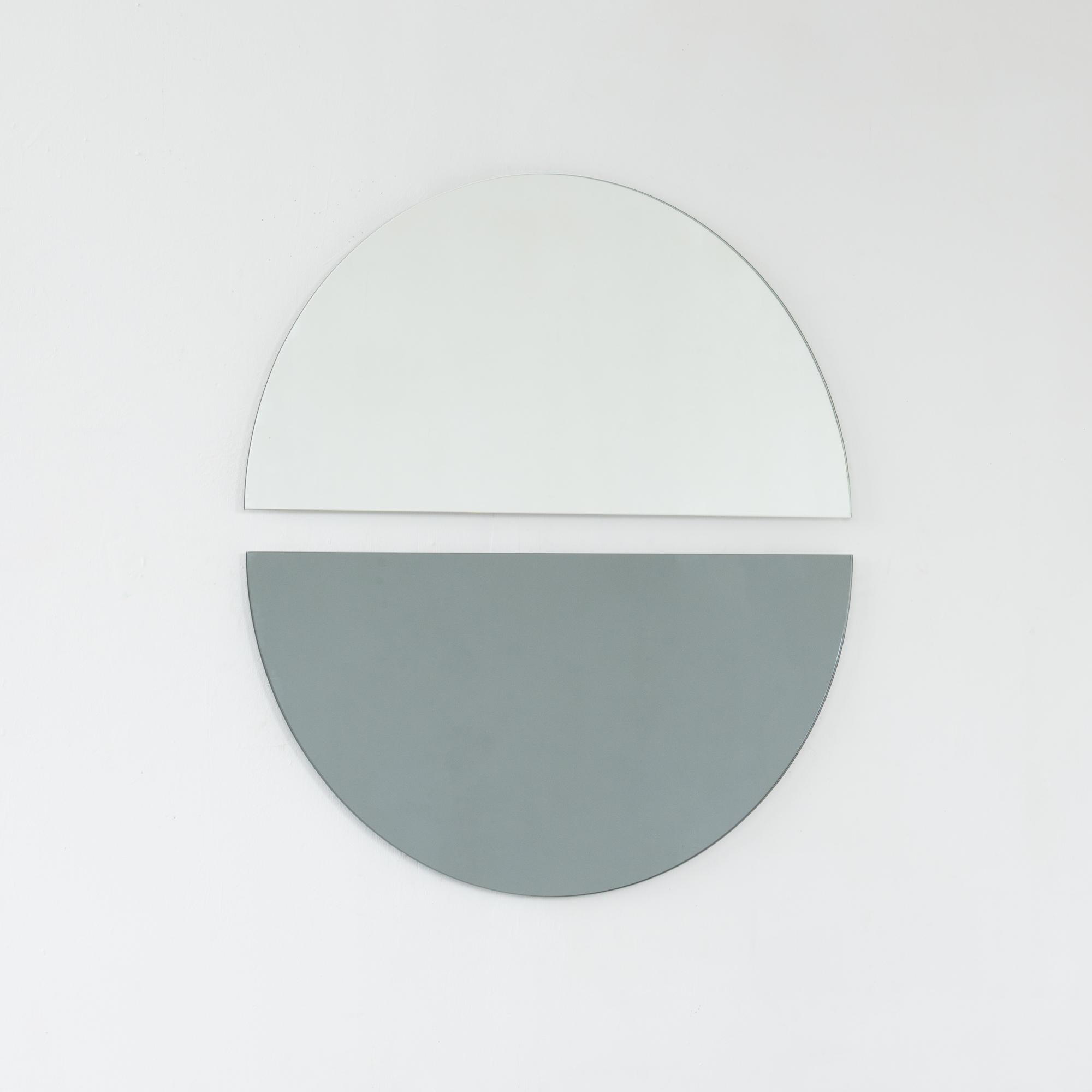 Set of 2 Luna Half-Moon Silver + Black Round Frameless Contemporary Mirrors, XL For Sale 2