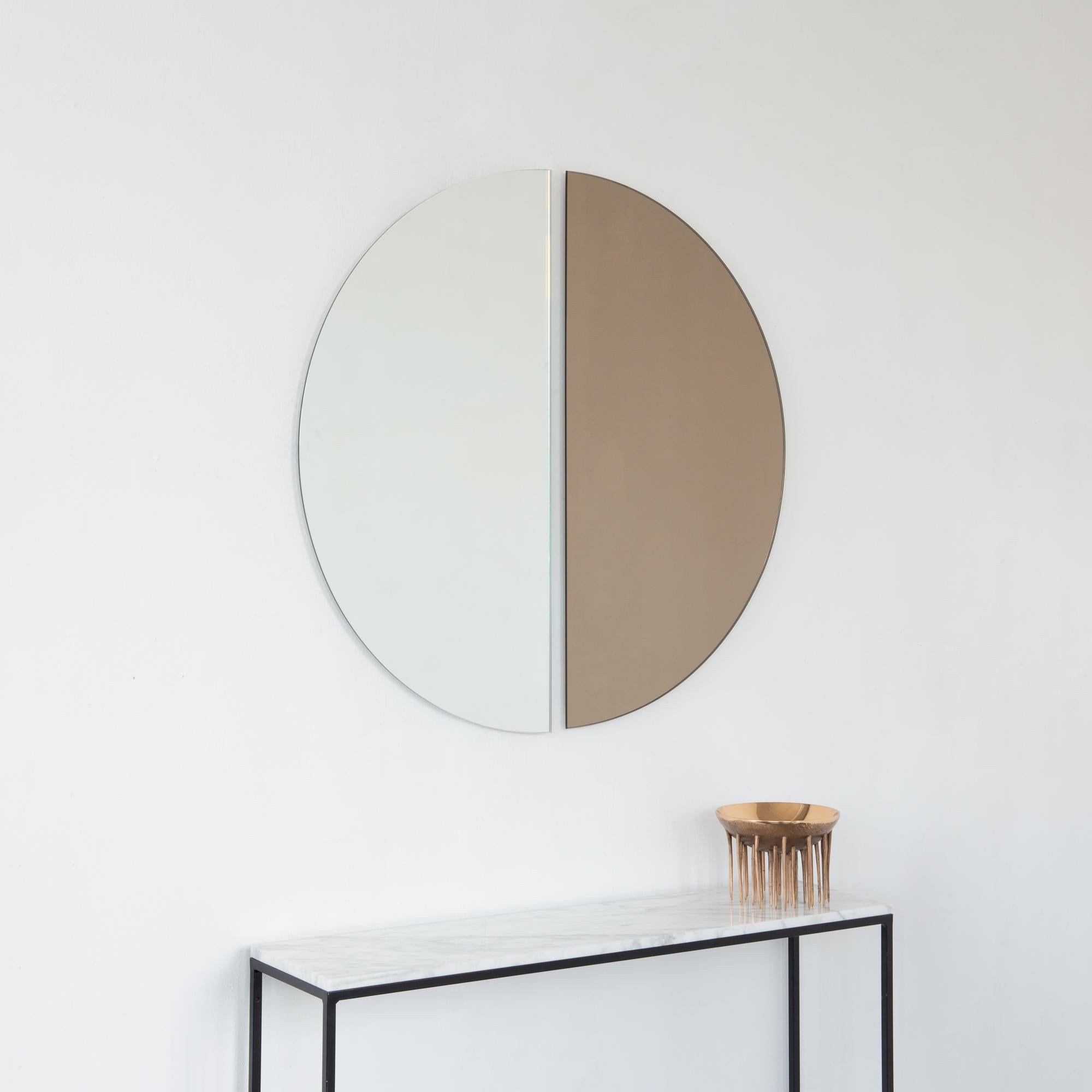 Set of 2 Luna Half-Moon Silver + Bronze Contemporary Frameless Mirrors, Regular For Sale 3