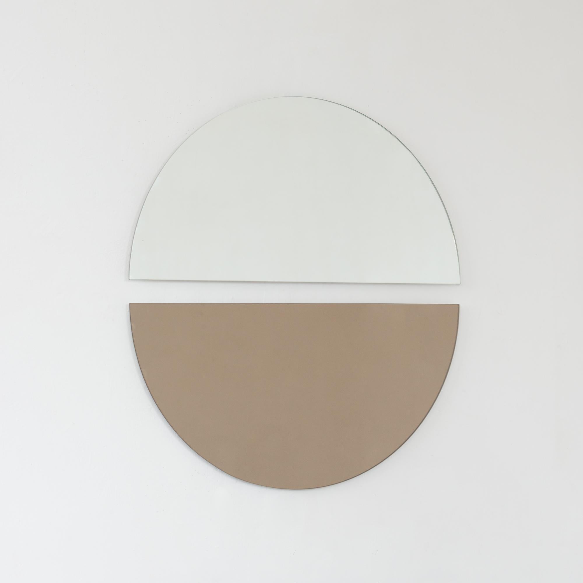 European Set of 2 Luna Half-Moon Silver + Bronze Modern Round Frameless Mirrors, Large For Sale