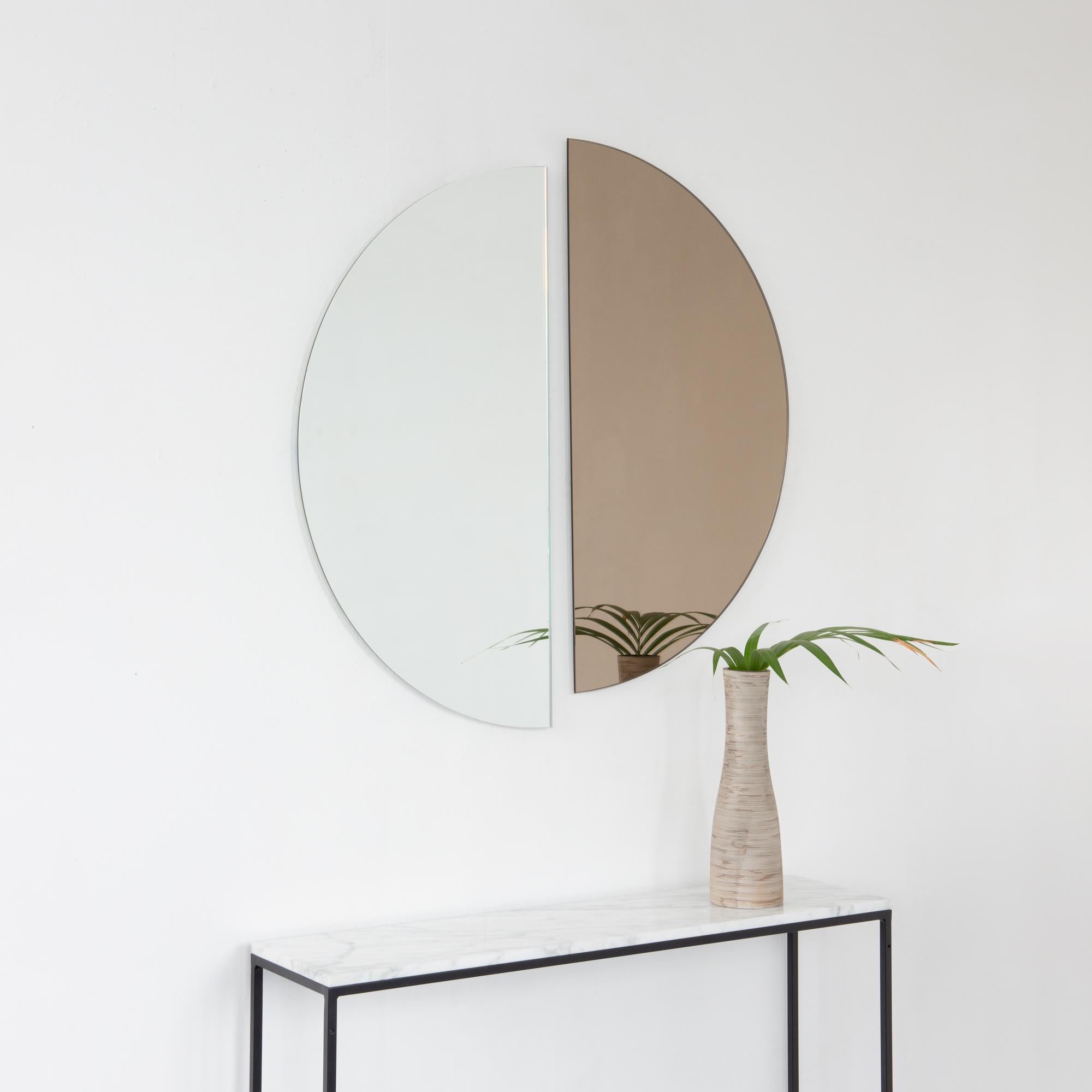 Contemporary Set of 2 Luna Half-Moon Silver + Bronze Modern Round Frameless Mirrors, Large For Sale