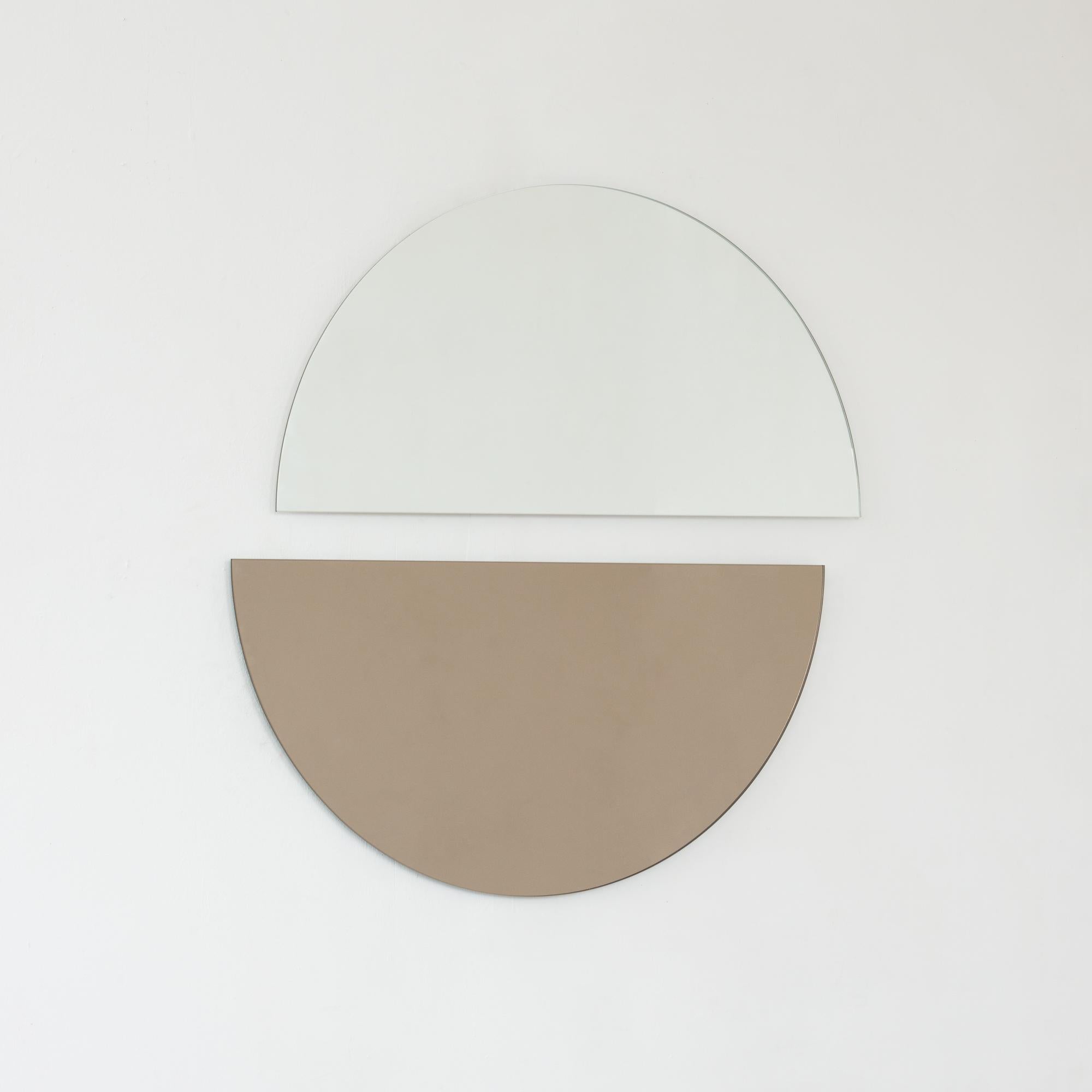 Set of 2 Luna Half-Moon Silver + Bronze Modern Round Frameless Mirrors, Large For Sale 3