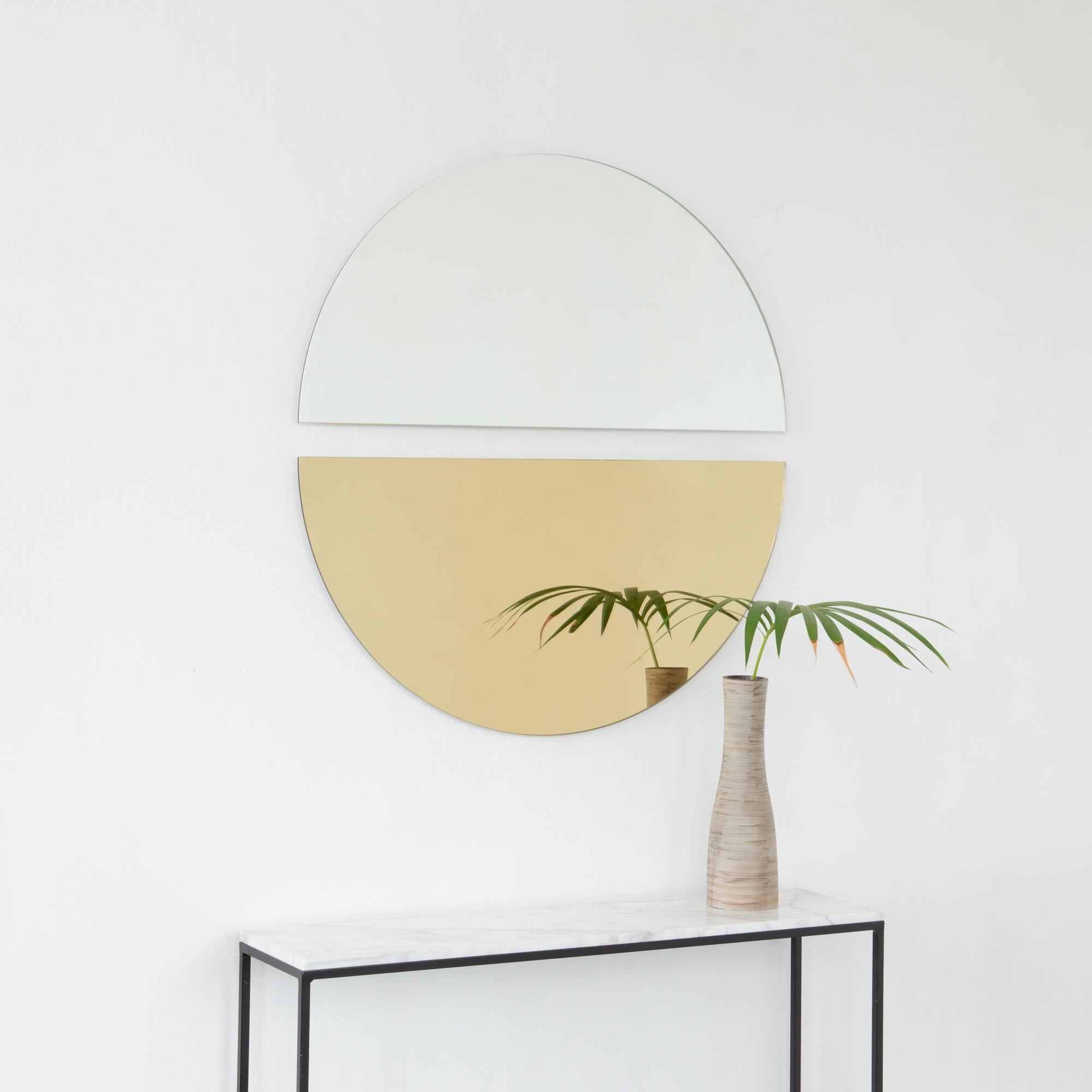 Set of 2 Luna Half-Moon Silver + Gold Minimalist Round Frameless Mirrors, Large In New Condition For Sale In London, GB