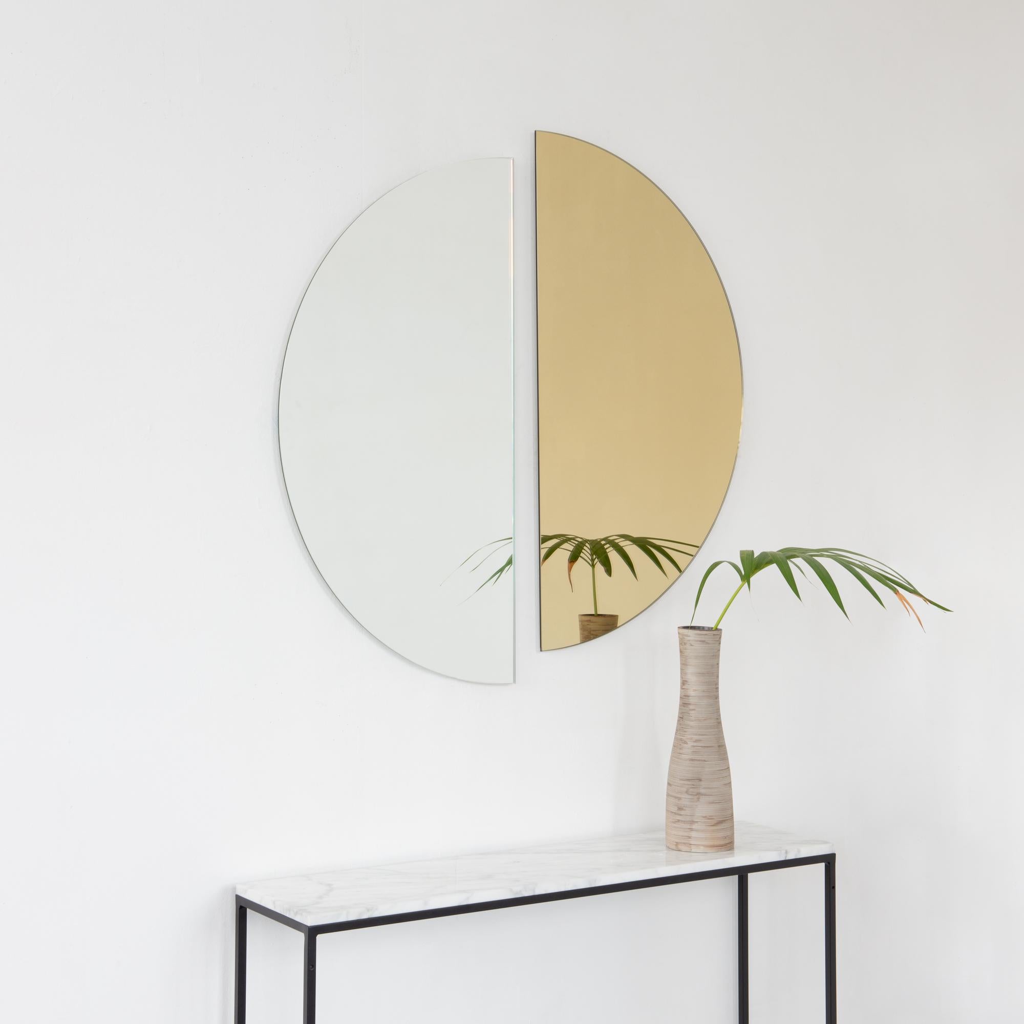 Contemporary Set of 2 Luna Half-Moon Silver + Gold Minimalist Round Frameless Mirrors, Large For Sale