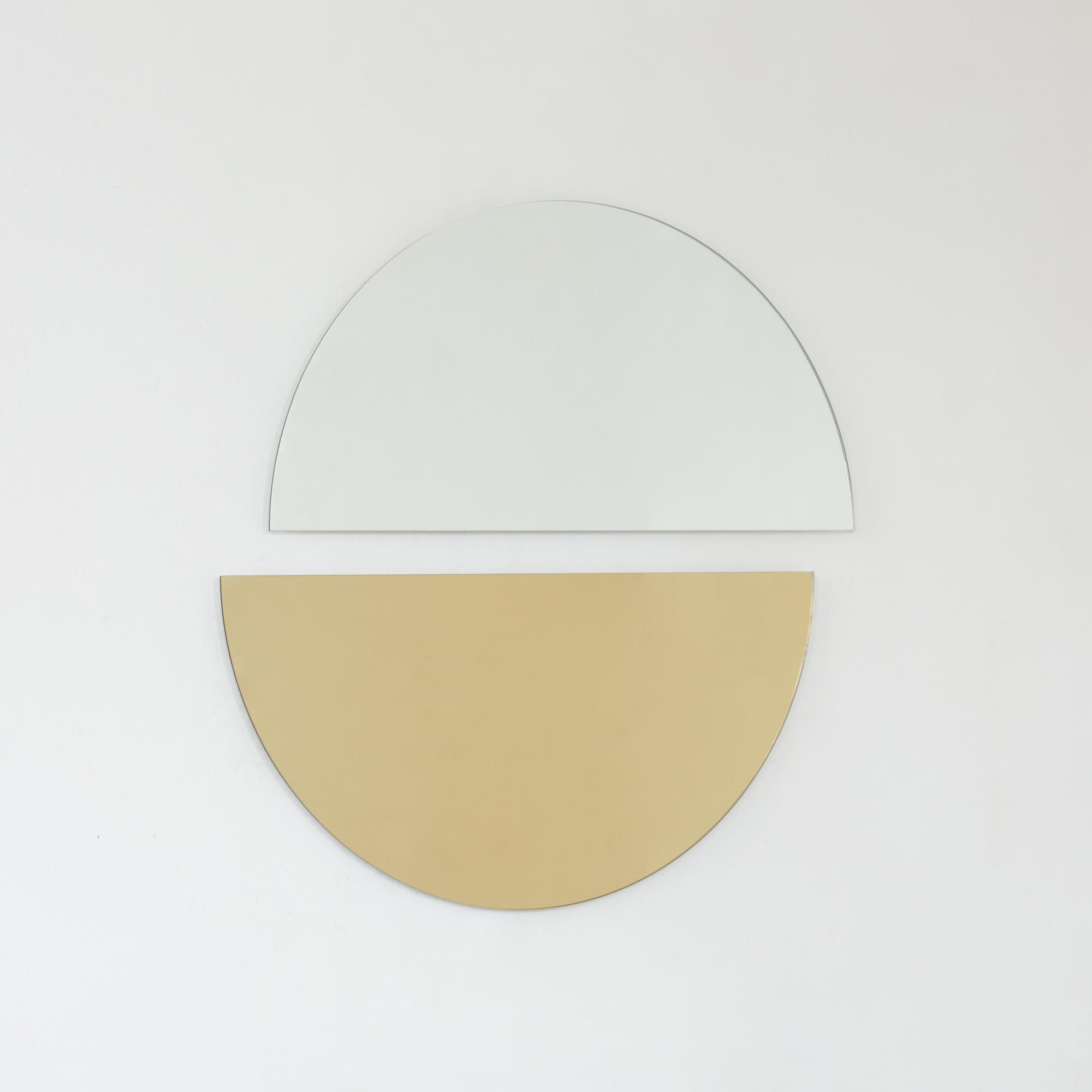 Glass Set of 2 Luna Half-Moon Silver + Gold Minimalist Round Frameless Mirrors, Large For Sale