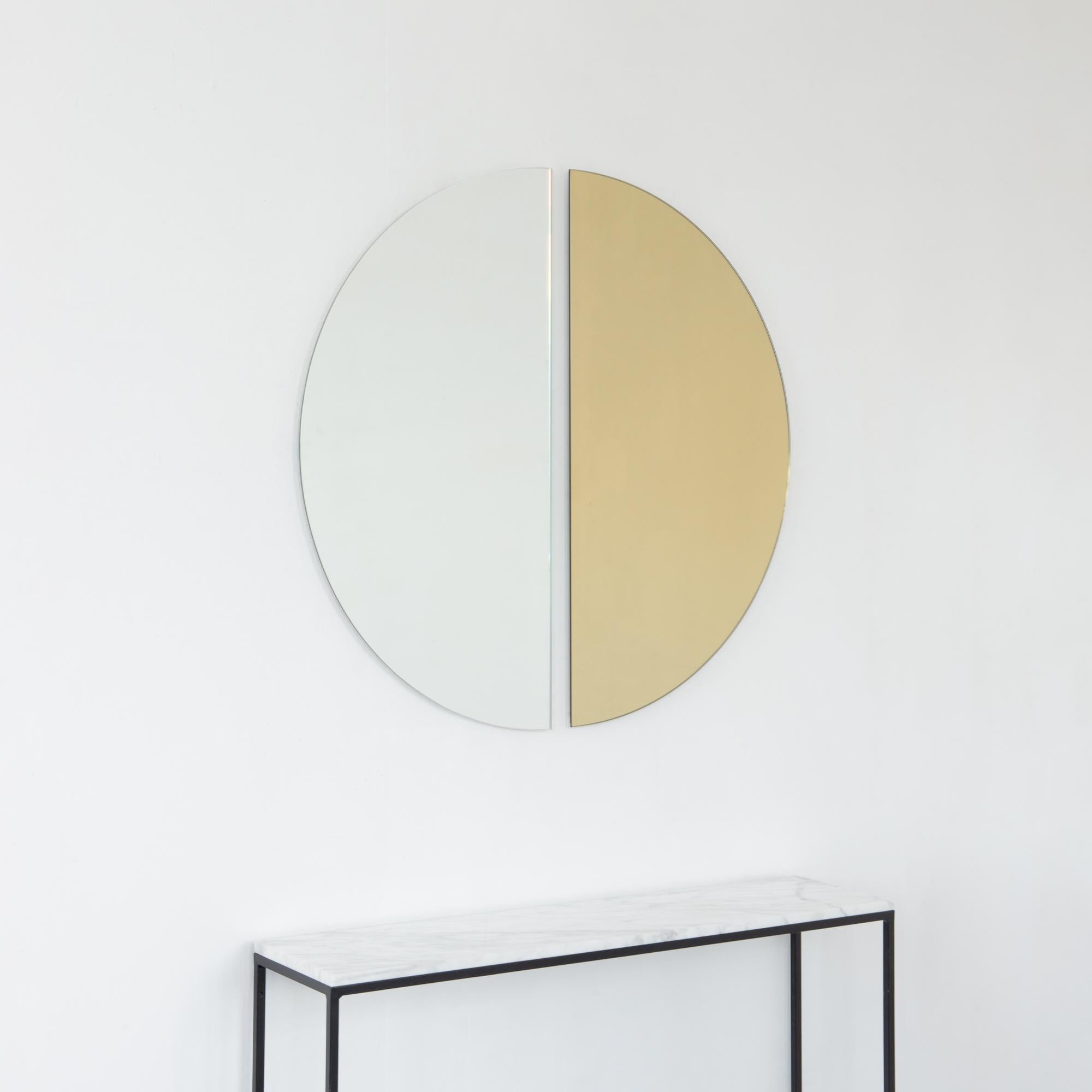 Set of 2 Luna Half-Moon Silver + Gold Minimalist Round Frameless Mirrors, Large For Sale 2