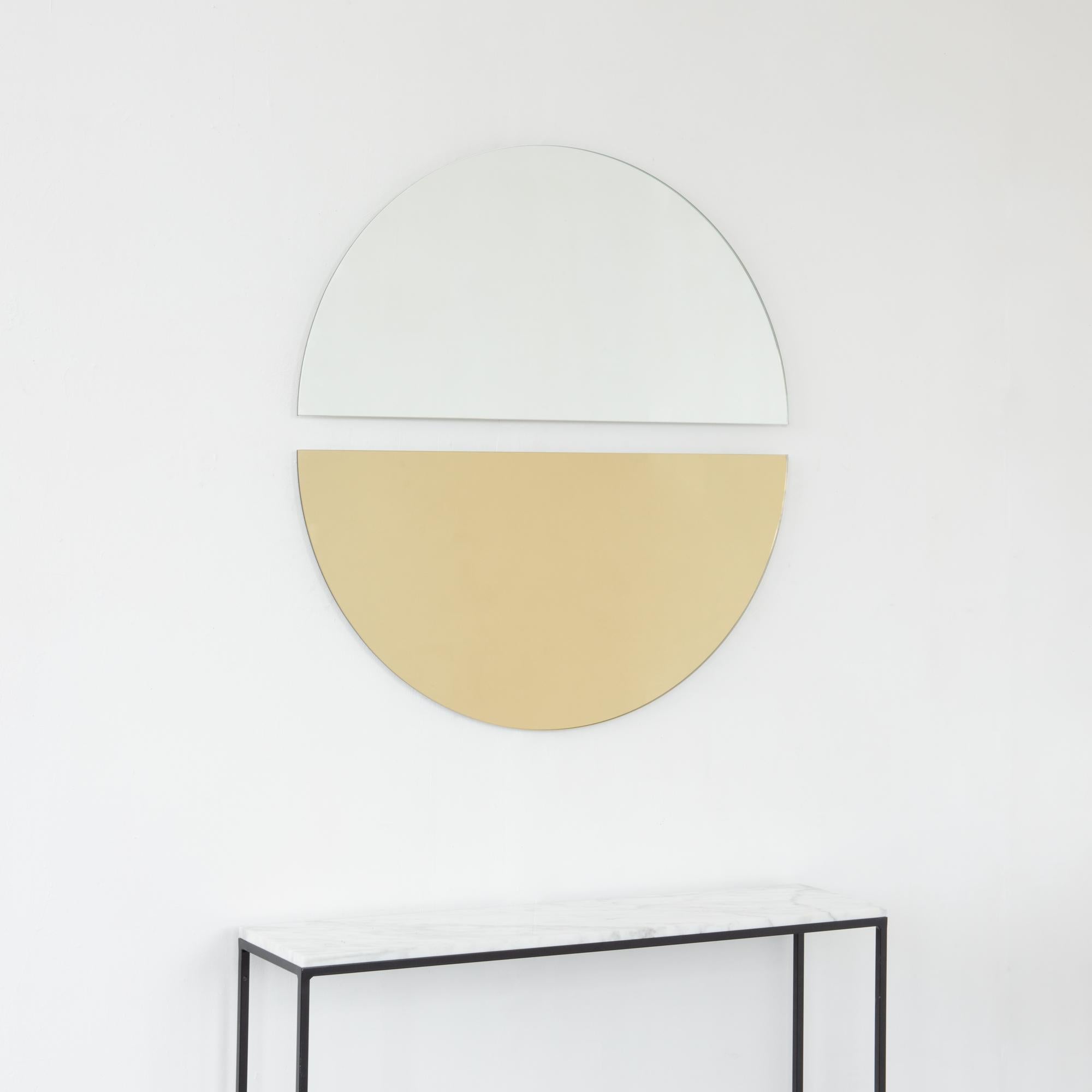 Set of 2 Luna Half-Moon Silver + Gold Minimalist Round Frameless Mirrors, Large For Sale 3