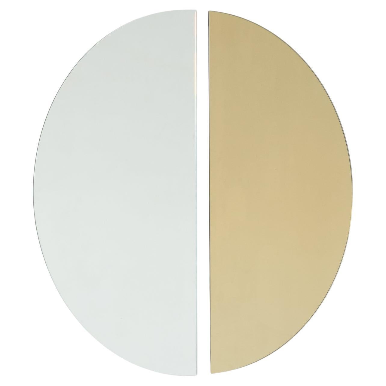 Set of 2 Luna Half-Moon Silver + Gold Minimalist Round Frameless Mirrors, Large For Sale