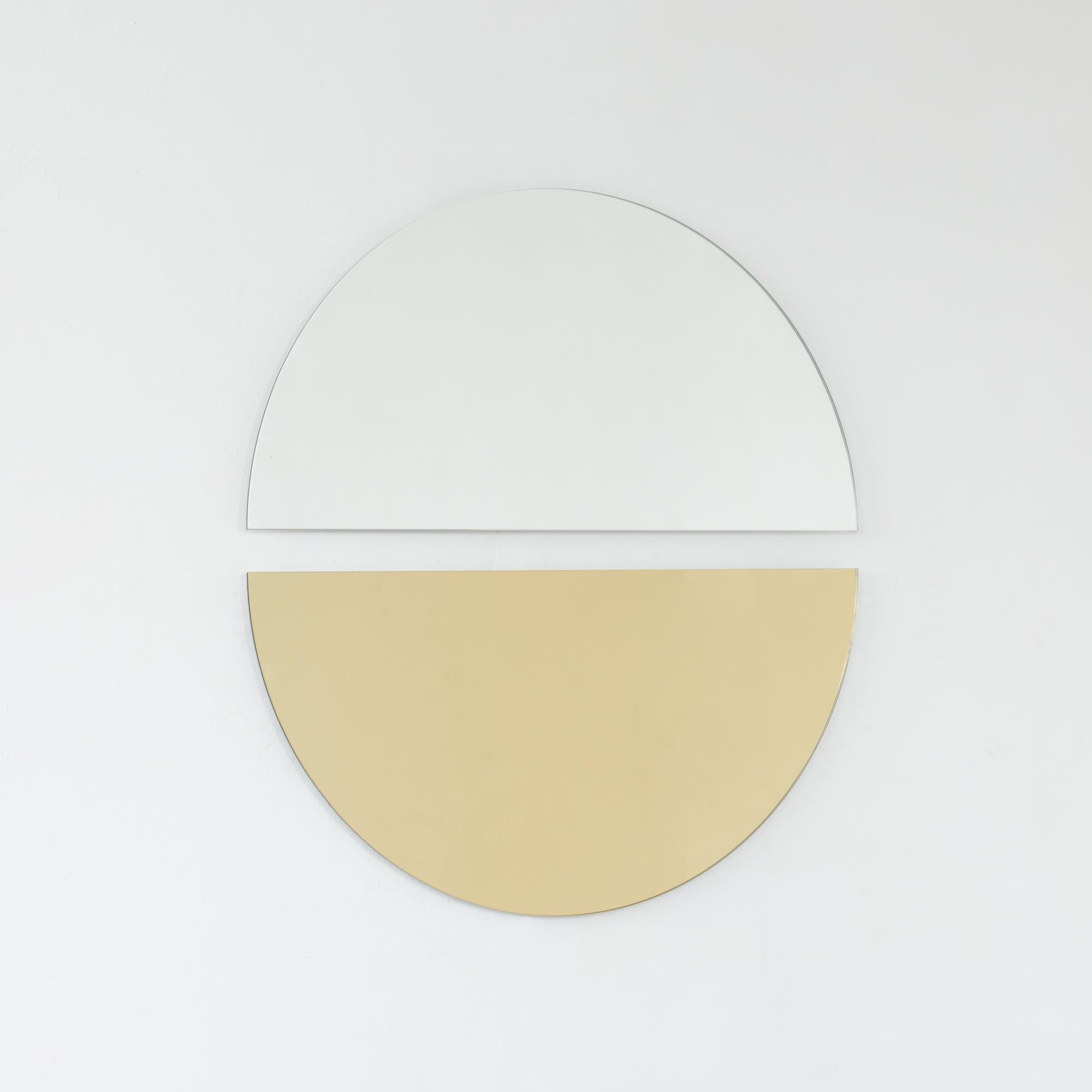 Set of 2 Luna Half-Moon Silver + Gold Round Frameless Minimalist Mirrors, XL In New Condition For Sale In London, GB