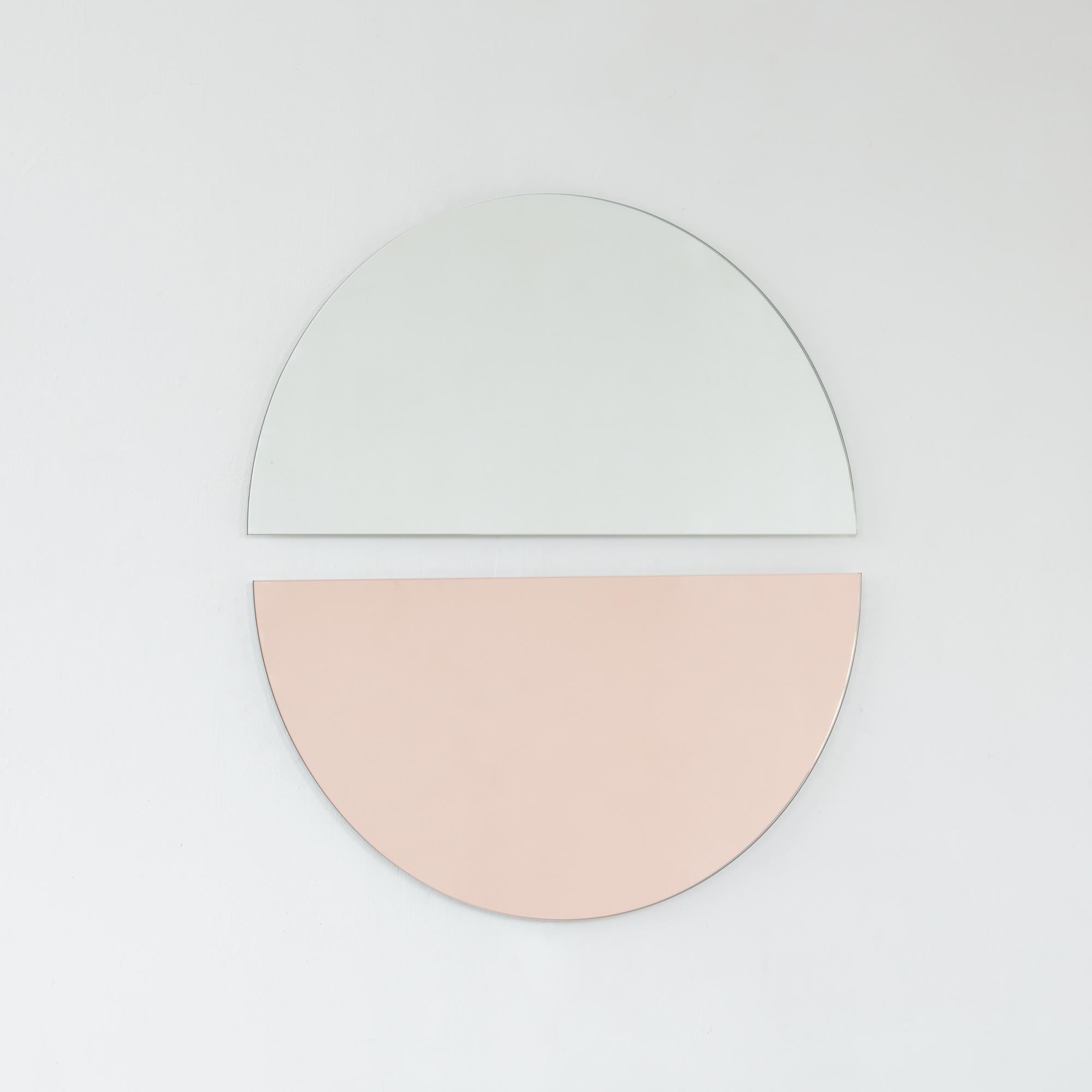 European Set of 2 Luna Half-Moon Silver + Rose Gold Peach Round Frameless Mirror, Large For Sale