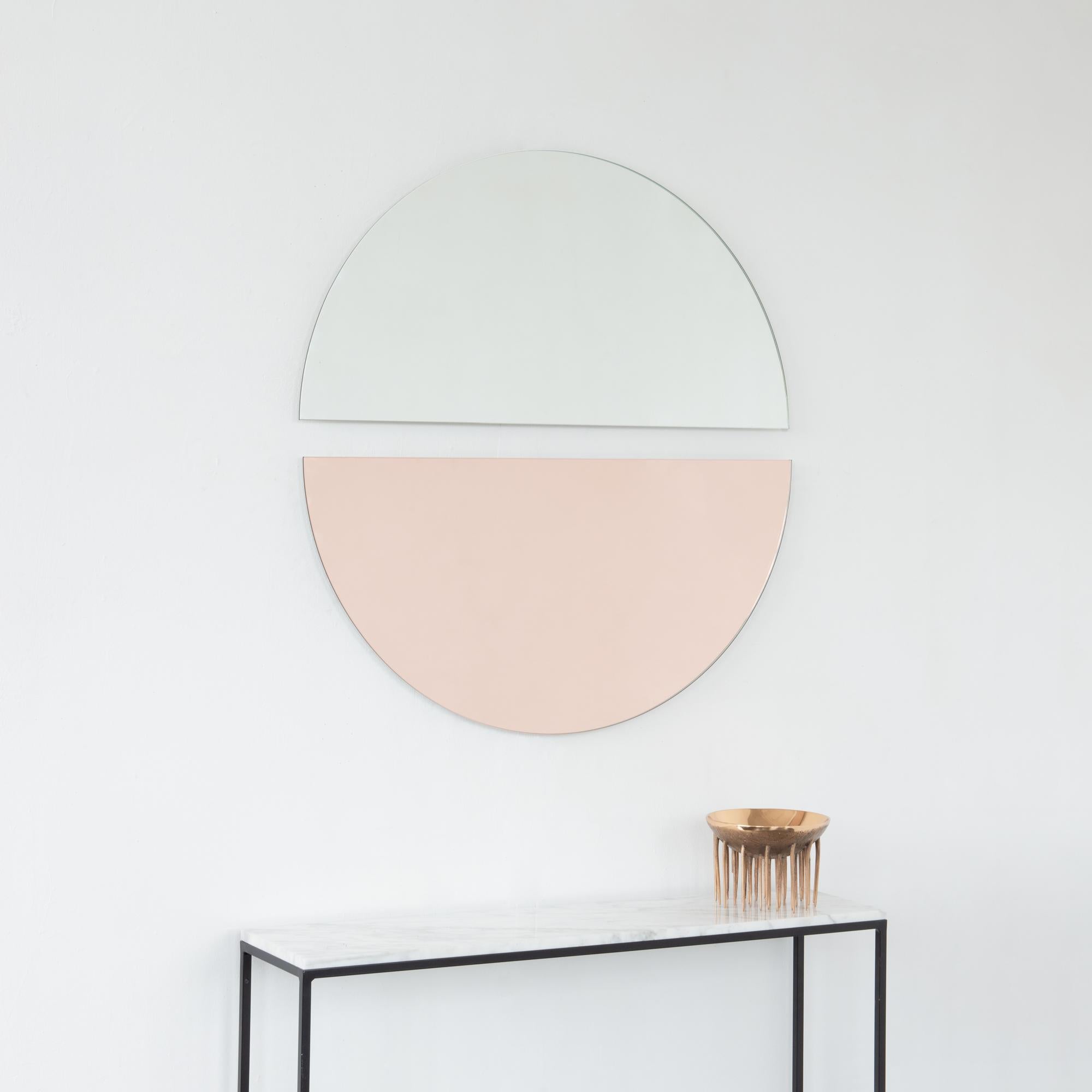 Set of 2 Luna Half-Moon Silver + Rose Gold Peach Round Frameless Mirror, Large For Sale 1