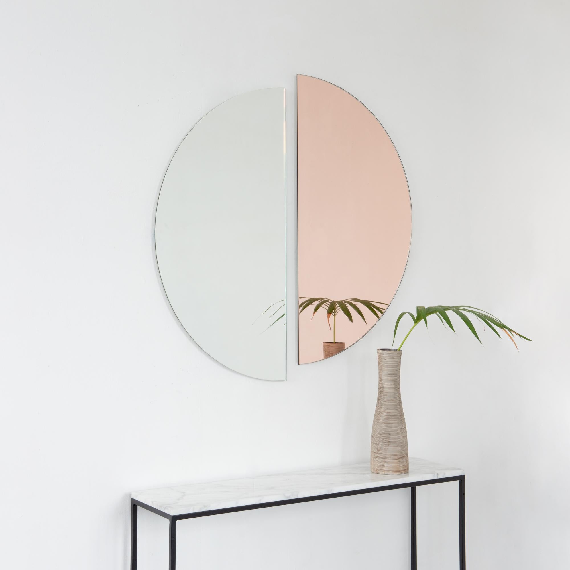 Contemporary Set of 2 Luna Half-Moon Silver + Rose Gold Peach Round Frameless Mirrors, Medium For Sale
