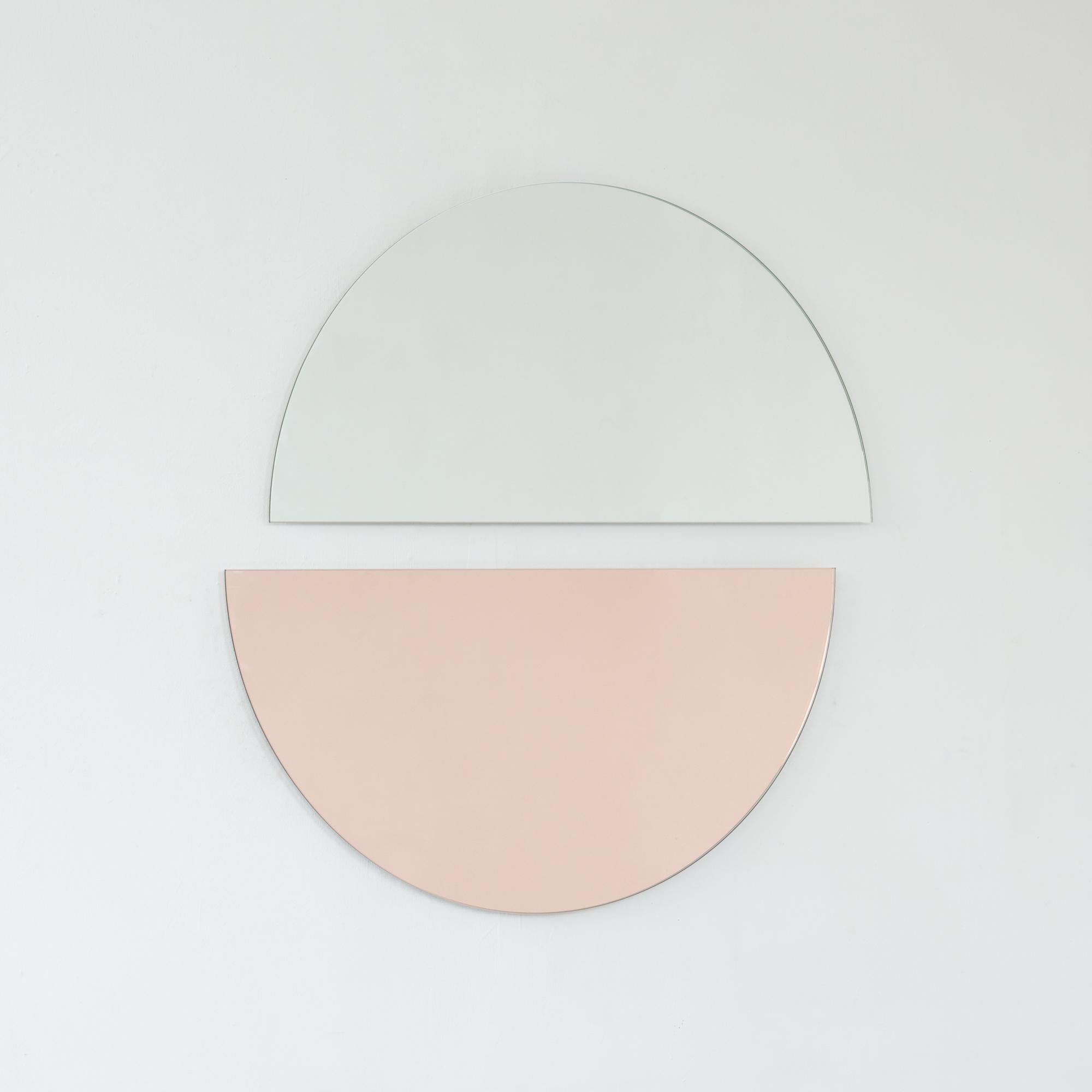 Set of 2 Luna Half-Moon Silver + Rose Gold Peach Round Frameless Mirrors, Medium For Sale 1