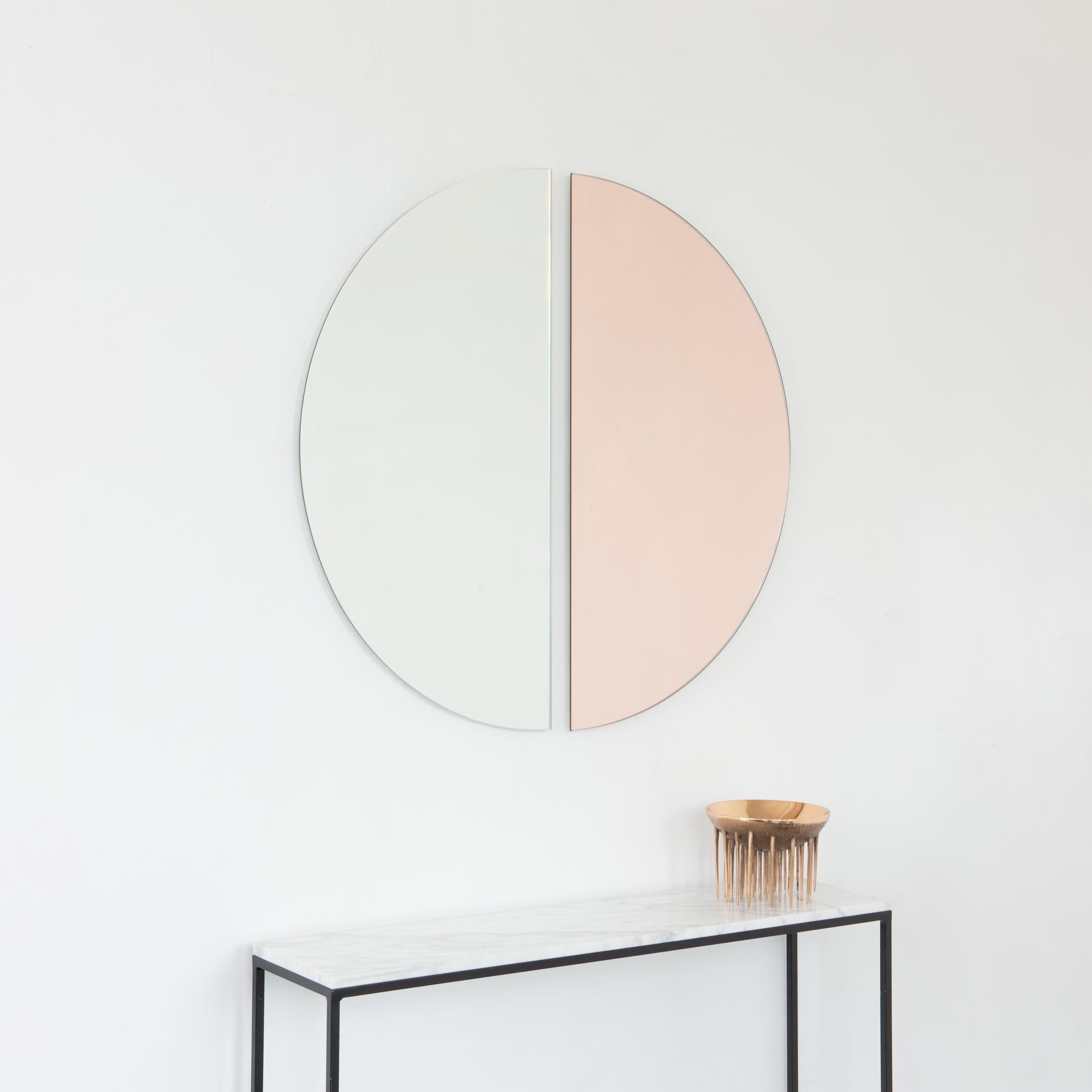 Contemporary Set of 2 Luna Half-Moon Silver + Rose Gold Round Frameless Minimal Mirrors, XL For Sale