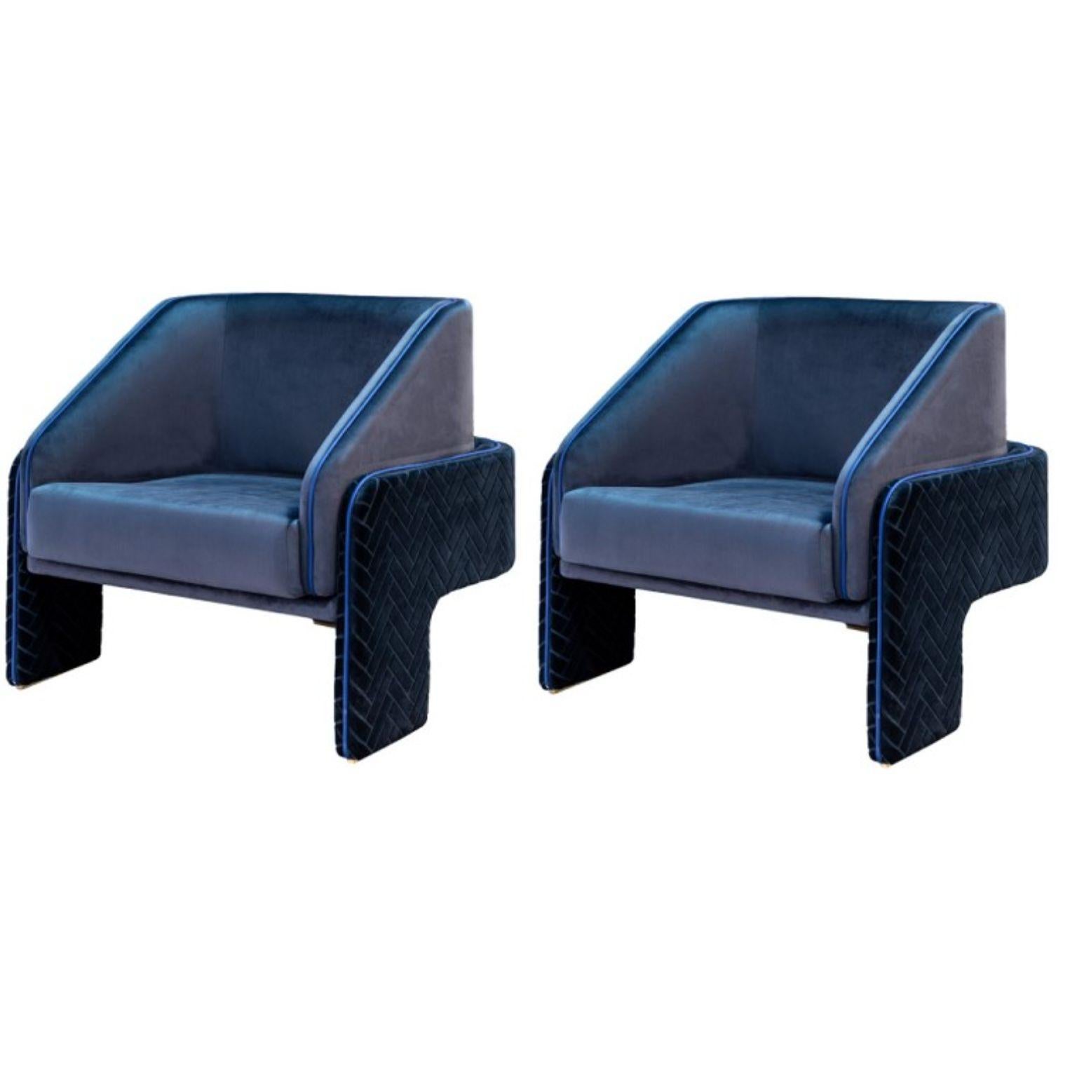 Set of 2 L’unité armchairs by Dooq
Measures: W 85 cm 33”
D 81 cm 31”
H 74 cm 29”
seat height 41 cm 16”

Materials: upholstery fabric or leather
Feet stainless steel plated polished or satin:
Brass, copper or nickel
COM/COL requirements: