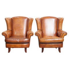 Set of 2 luxurious and comfortable sheepskin wing chairs with black piping