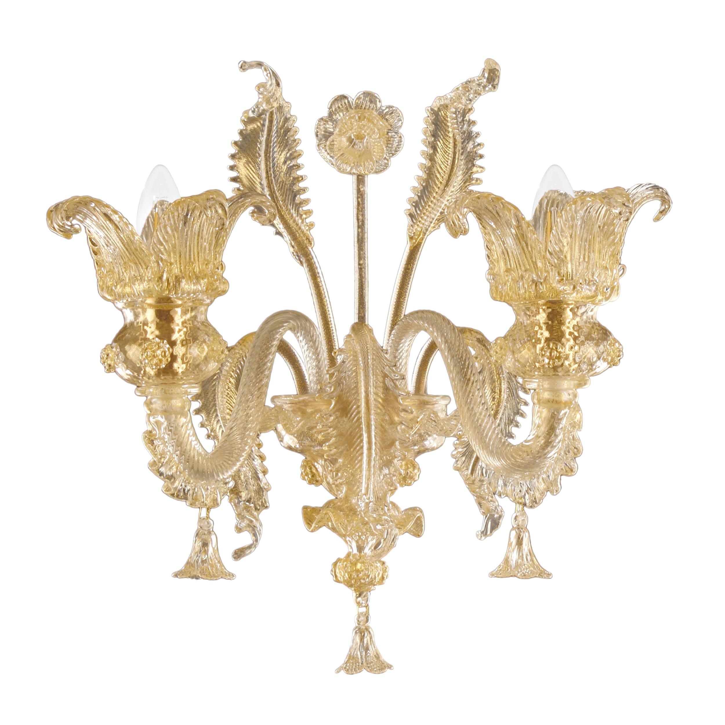 Art Glass Set of 2 Luxury artistic Sconce 2 Arms Golden Leaf Murano Glass by Multiforme For Sale