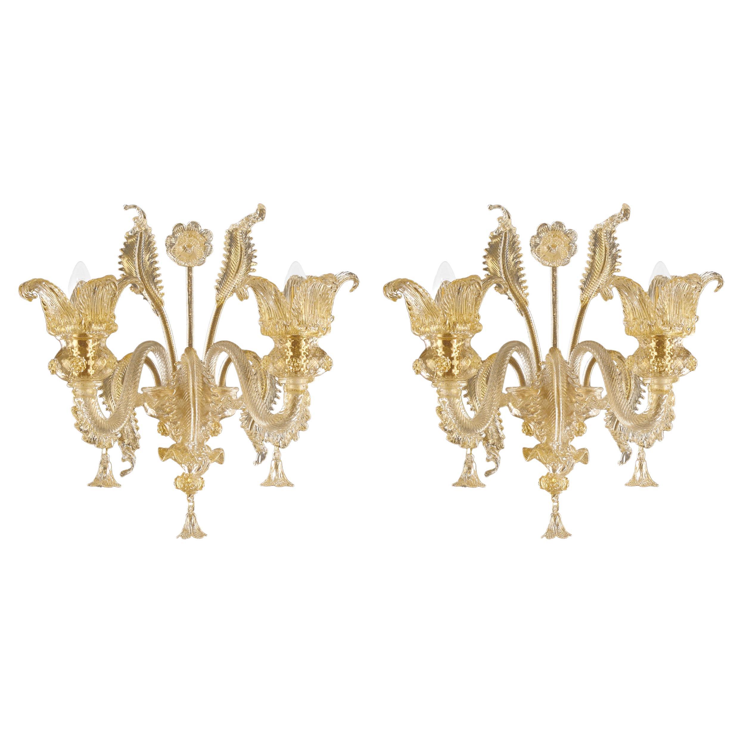 Set of 2 Luxury artistic Sconce 2 Arms Golden Leaf Murano Glass by Multiforme
