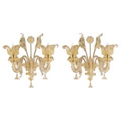 Set di 2 sculture artistiche di lusso a 2 bracci in vetro di Murano a foglia d'oro di Multiforme