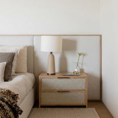 Set of 2 Luxury Oak Nightstands with Brushed Brass Details & Textured Fabric