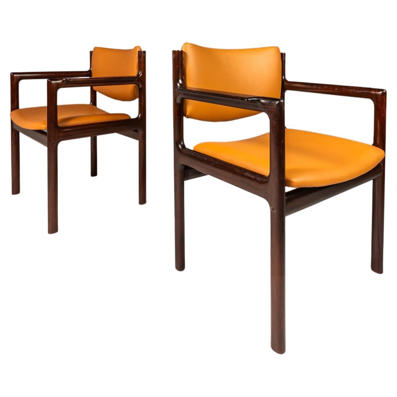 Set of 2 Mahogany & Leather Arm Chairs, Danish Overseas Imports, c. 1960's For Sale